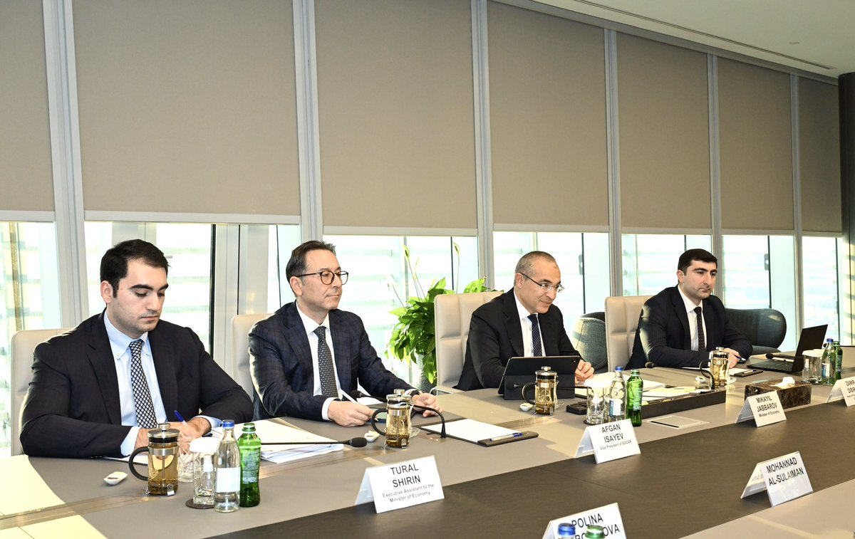 MikayilJabbarov's tweet photo. During #COP29 (@COP29_AZ), we had the pleasure of meeting Marco Arcelli (@marcoarcelli), CEO of ACWA Power (@acwapower_en). We expressed our satisfaction with the successful progress of joint activities in #greenenergy projects. Additionally, we reviewed the growing opportunities for #investment-s in #Azerbaijan, explored ways to diversify collaboration with #SOCAR (@SOCARofficial), and discussed the steps being taken to decarbonize the #economy.

#COP29Azerbaijan #EconomyAz