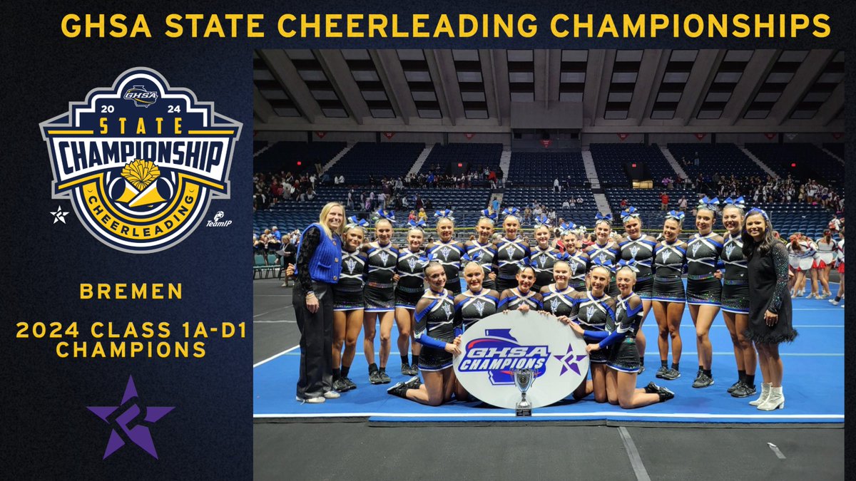 OfficialGHSA's tweet photo. Cheerleading | 1A-D1 Results
(Corrected Final Results)

Congratulations to the @BremenCS Blue Devils, the 2024 Class 1A-D1 Cheerleading State Champions!  
#RebelAthletic #CheerSounds #Cheerfest