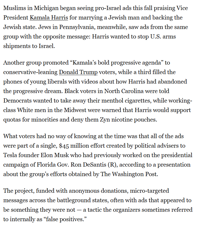 YourAnonCentral's tweet photo. Elon Musk spent $45 million to target Black, Jewish, Muslim voters and others with disinformation ads. The ads had lies tailored to target citizens by race and religion to demotivate them from voting and turn them against Kamala Harris.

https://t.co/NP0XO7LGRD https://t.co/xlt8jG8P5m