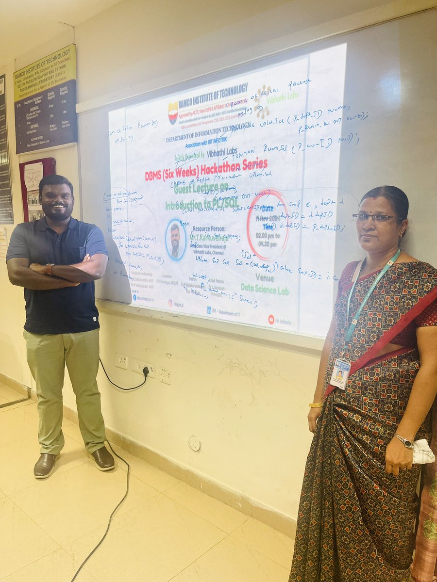 tkarkuvelraja's tweet image. It was an absolute privilege to deliver a guest lecture on “Introduction to PL/SQL" as part of this engaging event at @ritrjpm, Rajapalayam, organised by the Department of Information Technology on 11th Nov 2024. (1/4)
#oracleplsql #hackathon #education #oracletechnologies
