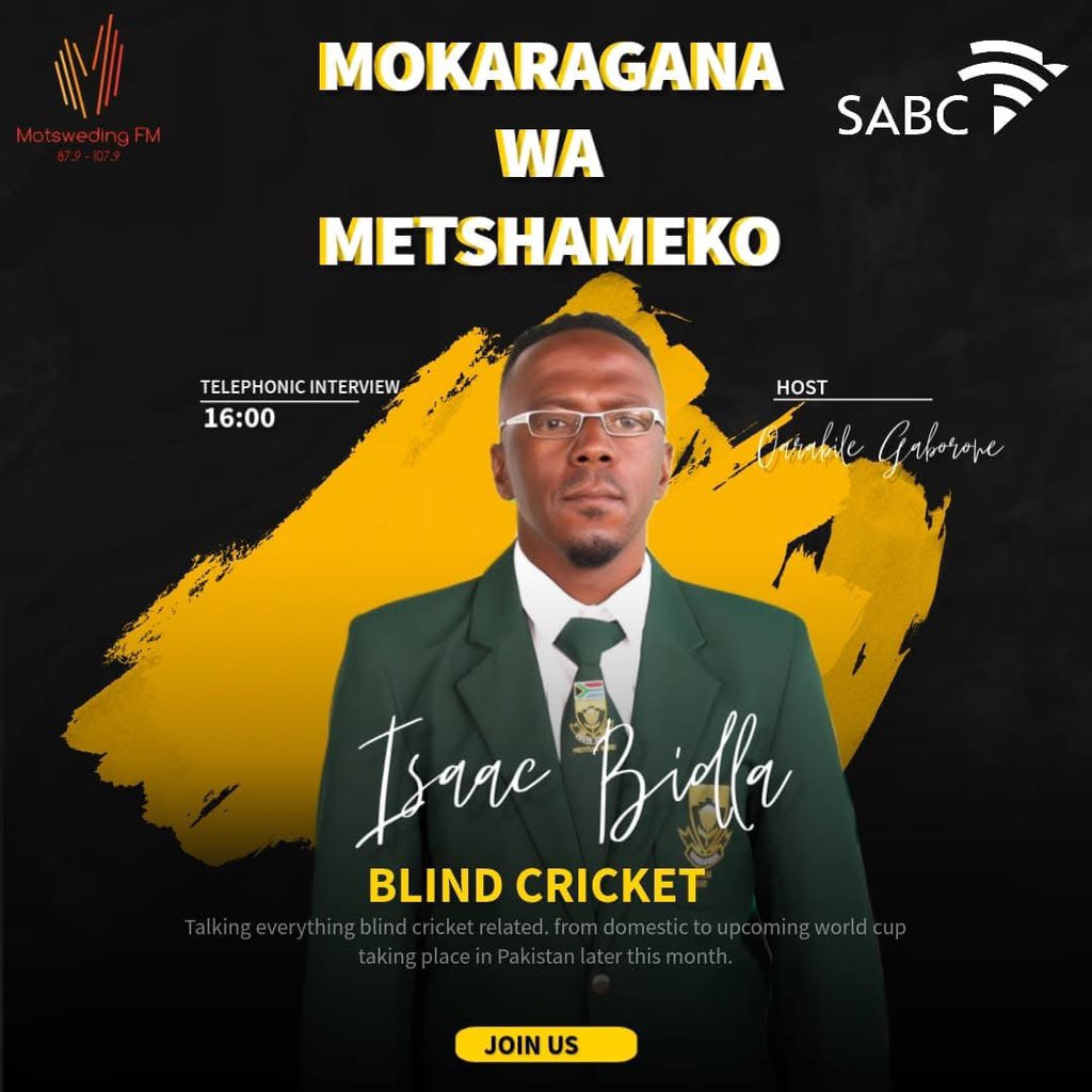 Catch Blind cricket President Isaac Asanda Bidla Live on <a href="/motswedingfm/">#KonkaBokamoso</a> <a href="/SABC_Sport/">SABC Sport</a> at 16:00pm Saturday talking about the readiness of Blind Proteas for the 4th T20 Blind Cricket World Cup in  Pakistan