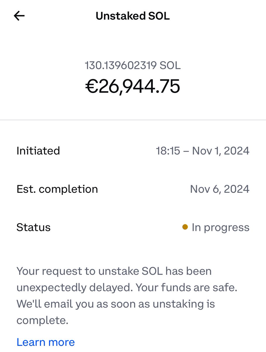 Hi <a href="/coinbase/">Coinbase 🛡️</a> <a href="/CoinbaseSupport/">Coinbase Support</a> 

How long before my SOL are unstaked? This is embarrassing