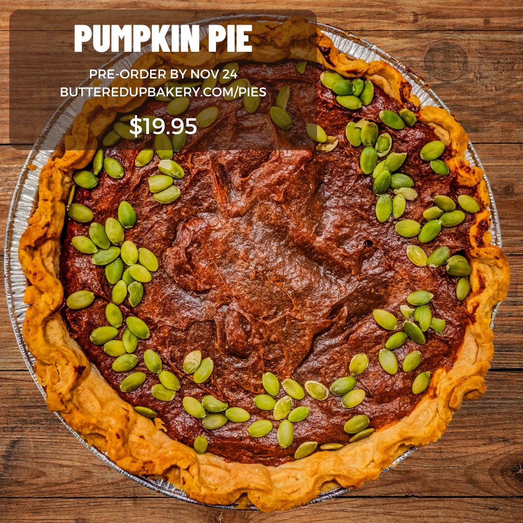 Our signature Pumpkin Pie is not just topped with roasted pepitas but sweetened with rich molasses for that deep, autumnal flavor. It's fall in every bite! Pre-order yours at butteredupbakery.com/pies for Thanksgiving or drop by for a mini version. 🍂💛