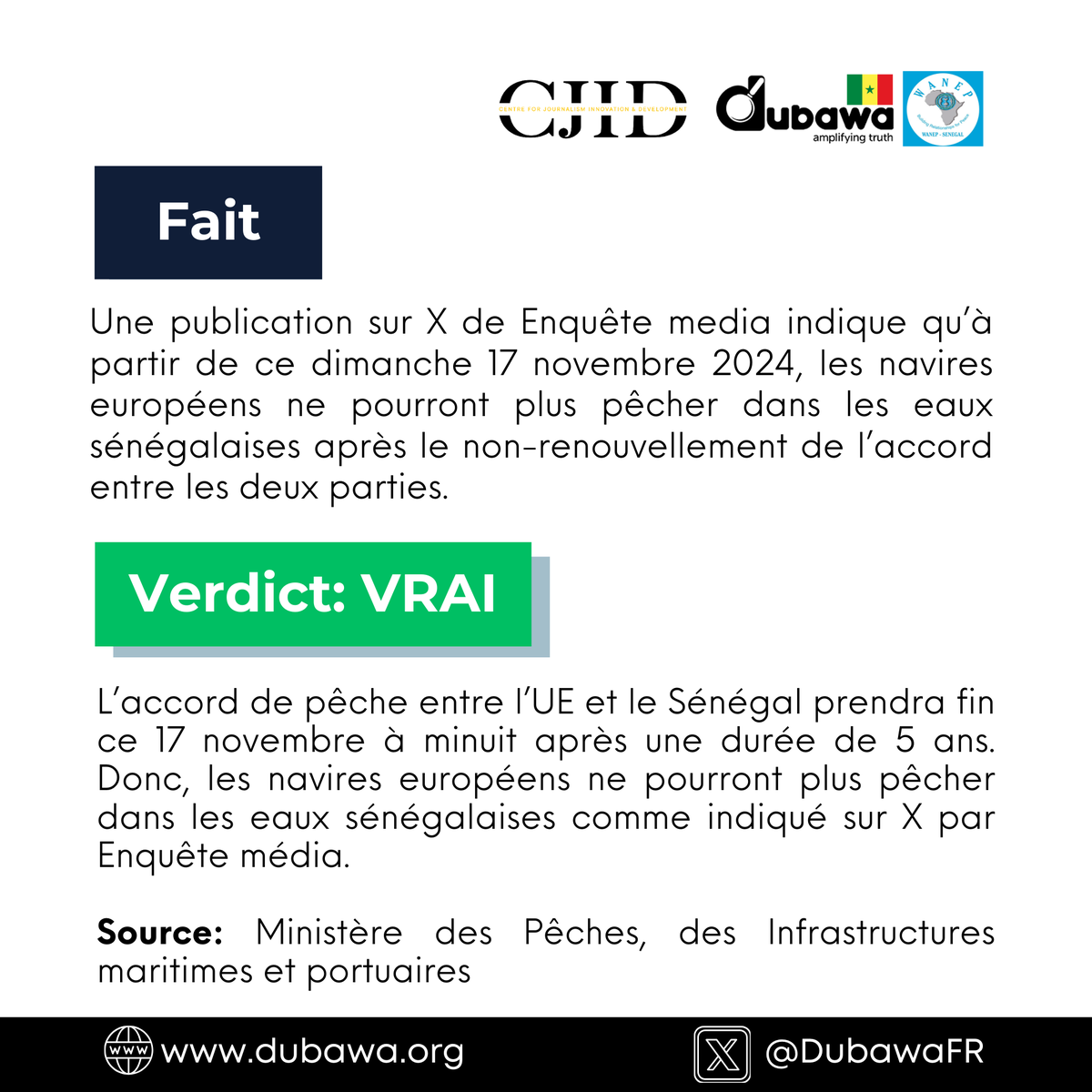 DubawaFR's tweet photo. "Les navires européens ne pourront plus pêcher dans les eaux Sénégalaises," - Enquête Media.

VRAI! 

Pour en savoir plus, cliquez ici: https://t.co/Bc5WwVCulL

#Senegal #ElectionsLegislatives2024 
#SunuLegislatives2024 
#SenegalVote https://t.co/foZBTxYyI0
