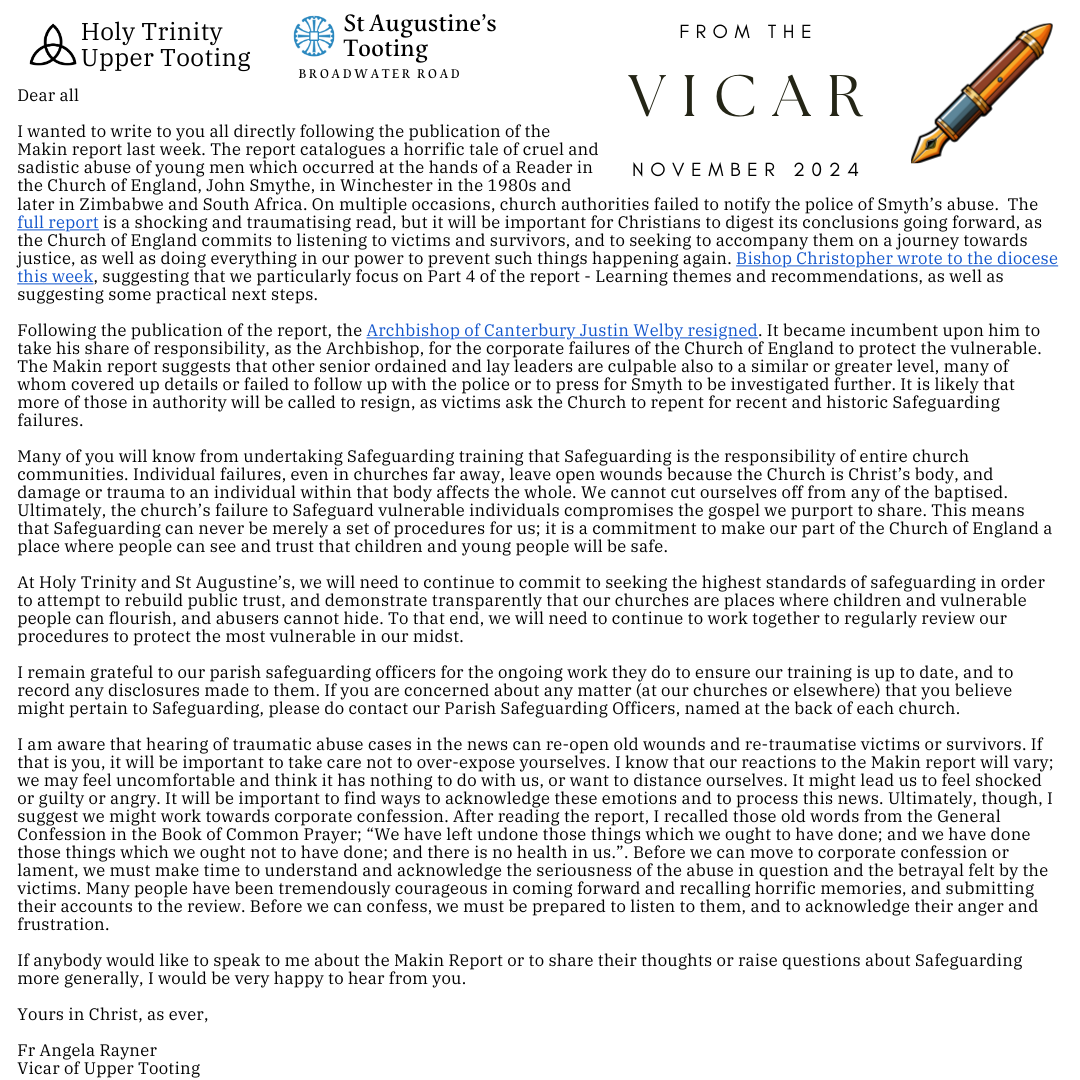 A note from the Vicar for parishioners of Holy Trinity, Tooting and St Augustine's, Tooting in the light of the publication of the #Makin report and the resignation of the Archbishop of Canterbury.