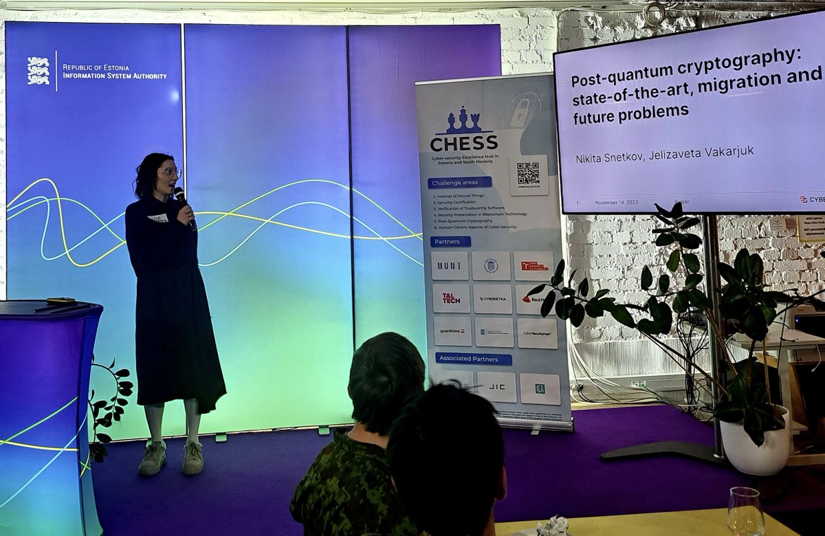 CHESS_EU's tweet photo. @CHESS_EU #event, @e_riik #cybermeetup
CyberMeetUp of November 2024 included exciting talks by @CHESS_EU partners.
- Pavel Čeleda (@FI_MUNI) described the innovative tabletop exercises.
- Vashek Matyas (@FI_MUNI) presented Sec-Certs <https://t.co/cMcI3W7GhM>.
- Jelizaveta Vakarjuk (@cybernetica) highlighted the state-of-the-art of #postquantum #cryptography, its migration and future problems.
Lauri Tankler (@e_riik) moderated the event. Thanks to everyone for the stimulating discussions and insights.