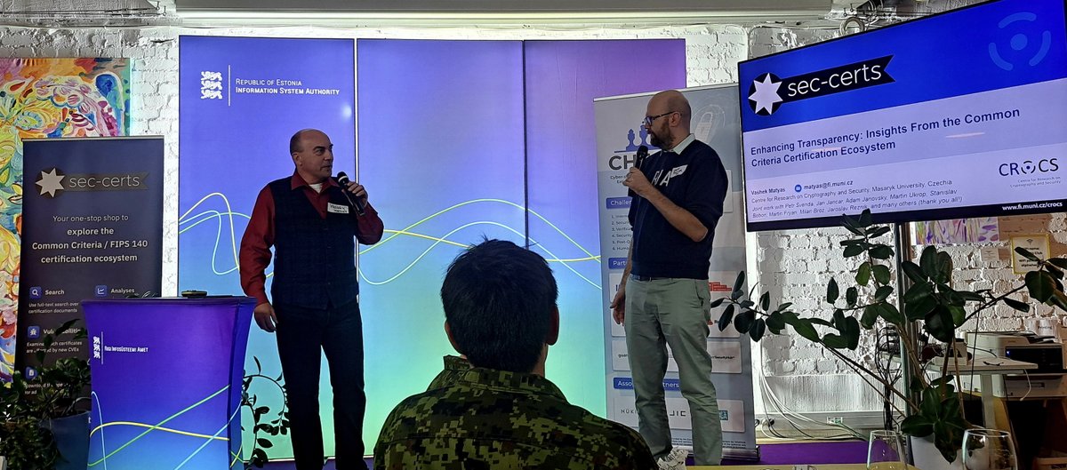 CHESS_EU's tweet photo. @CHESS_EU #event, @e_riik #cybermeetup
CyberMeetUp of November 2024 included exciting talks by @CHESS_EU partners.
- Pavel Čeleda (@FI_MUNI) described the innovative tabletop exercises.
- Vashek Matyas (@FI_MUNI) presented Sec-Certs <https://t.co/cMcI3W7GhM>.
- Jelizaveta Vakarjuk (@cybernetica) highlighted the state-of-the-art of #postquantum #cryptography, its migration and future problems.
Lauri Tankler (@e_riik) moderated the event. Thanks to everyone for the stimulating discussions and insights.