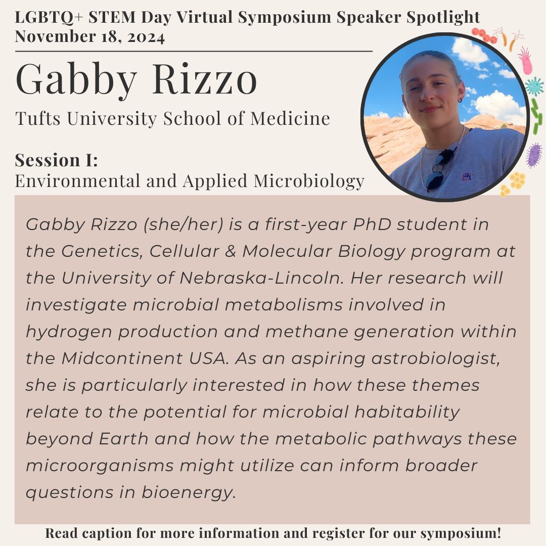 prideinmicro's tweet image. Say hi to Gabby Rizzo (She/Her), our final Speaker Spotlight from the Environmental and Applied Microbiology Session! 🌱 🏳️🌈 🧫
Learn more about Gabby's research by registering for the LGBTQ+ STEM Day Virtual Symposium here:
buff.ly/4hH1oUj
#PrideinMicrobiology #PiM
