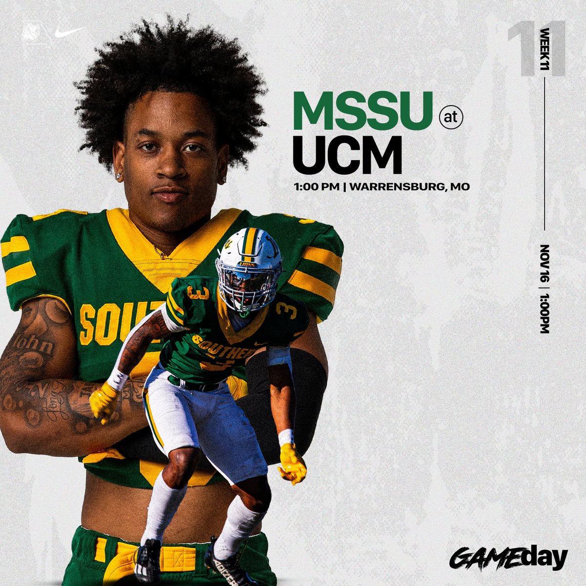 GAME DAY vat University of Central Missouri
🦁 -- #3 Diego Oliver, DB
📍-- Walton Stadium/ Kennedy Field | Warrensburg, MO
⏰ -- 1:00PM
🖥️ -- mssulions.com/coverage
📻 -- 101.7 The Vault
📺 -- loom.ly/Pai-_zY