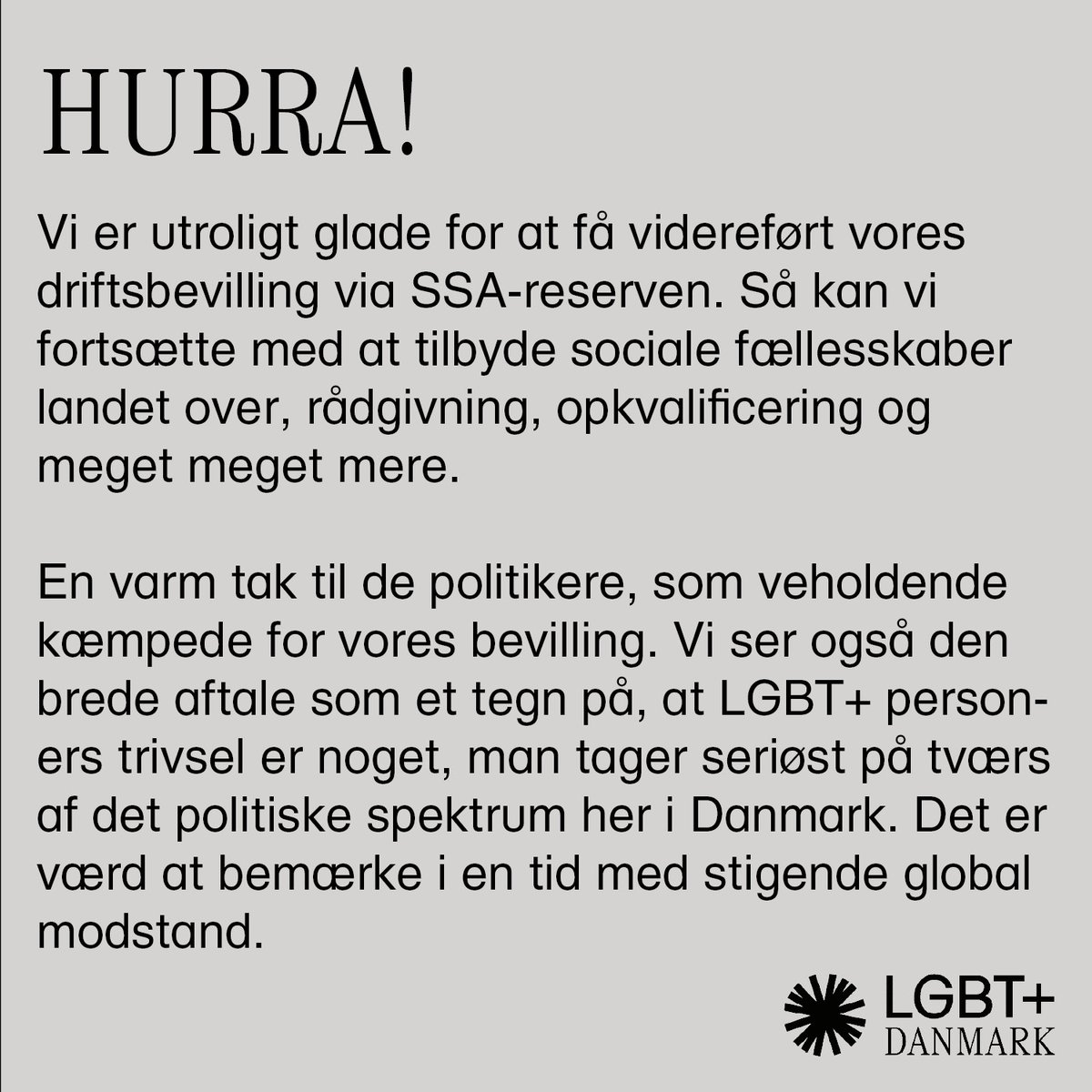 Torsdag modtog vi den glædelige nyhed, at vi er i SSA-aftalen - en vigtig anerkendelse af det sociale LGBT+ arbejde, vi (og <a href="/Sabaah/">Sabaah</a>) løfter.

Tak🌈🫶<a href="/moderaterne_dk/">Moderaterne</a> <a href="/Spolitik/">Socialdemokratiet</a> <a href="/venstredk/">Venstre</a> <a href="/radikale/">Radikale Venstre</a> <a href="/KonservativeDK/">Det Konservative Folkeparti</a> <a href="/alternativet_/">Alternativet</a> <a href="/Enhedslisten/">Enhedslisten</a> <a href="/LiberalAlliance/">Liberal Alliance</a> <a href="/partietDD/">Danmarksdemokraterne</a> <a href="/SFpolitik/">SF</a>