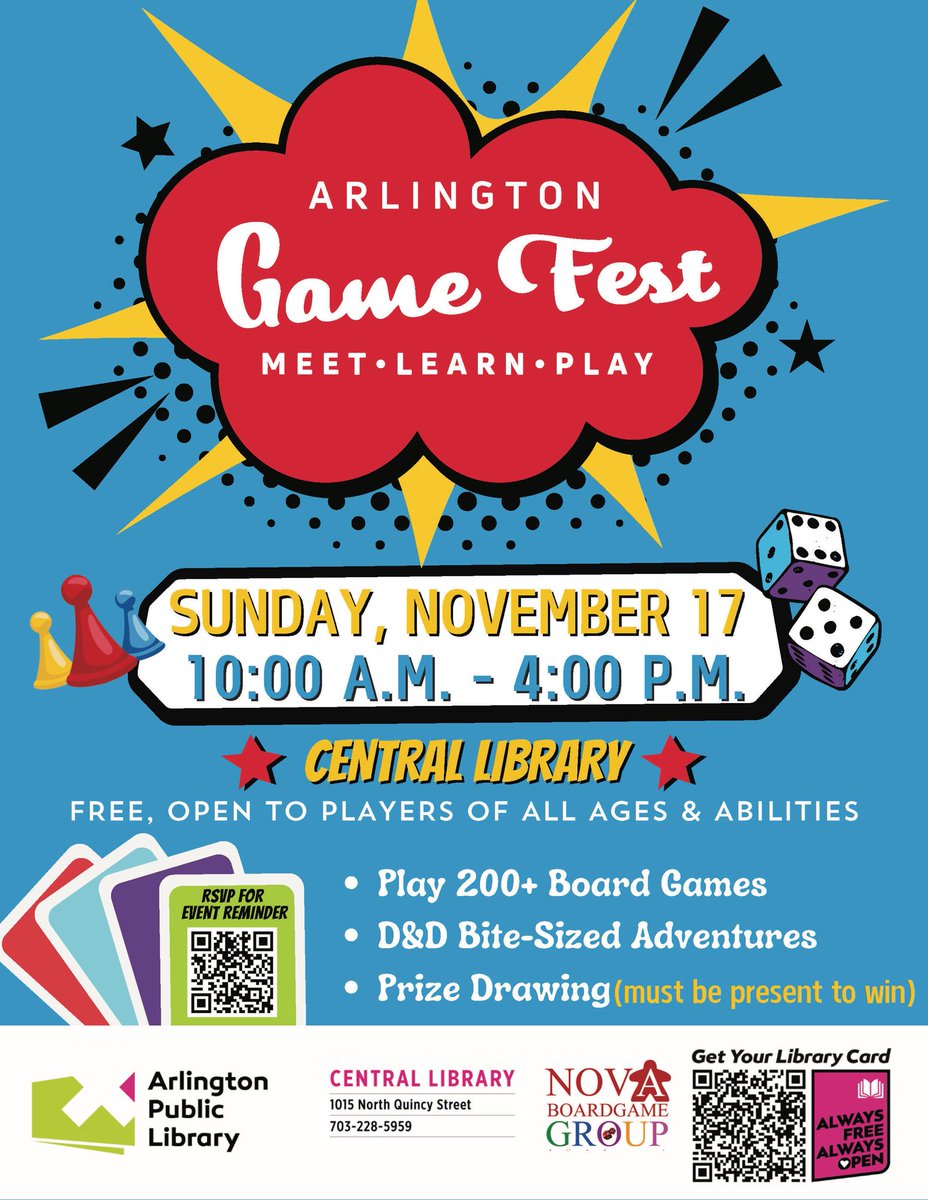 NOVA BoardGame Group (@novaboardgame) on Twitter photo Join us this Sunday for Arlington GameFest GameFest, the only free board game convention in the DMV area. Family friendly and open to all ages. Free parking and food trucks! #dmv #nova #arlingtonva #BoardGames <a href="/ArlingtonVALib/">Arlington VA Pub Lib</a> Join us this Sunday for Arlington GameFest GameFest, the only free board game convention in the DMV area. Family friendly and open to all ages. Free parking and food trucks! #dmv #nova #arlingtonva #BoardGames <a href="/ArlingtonVALib/">Arlington VA Pub Lib</a>