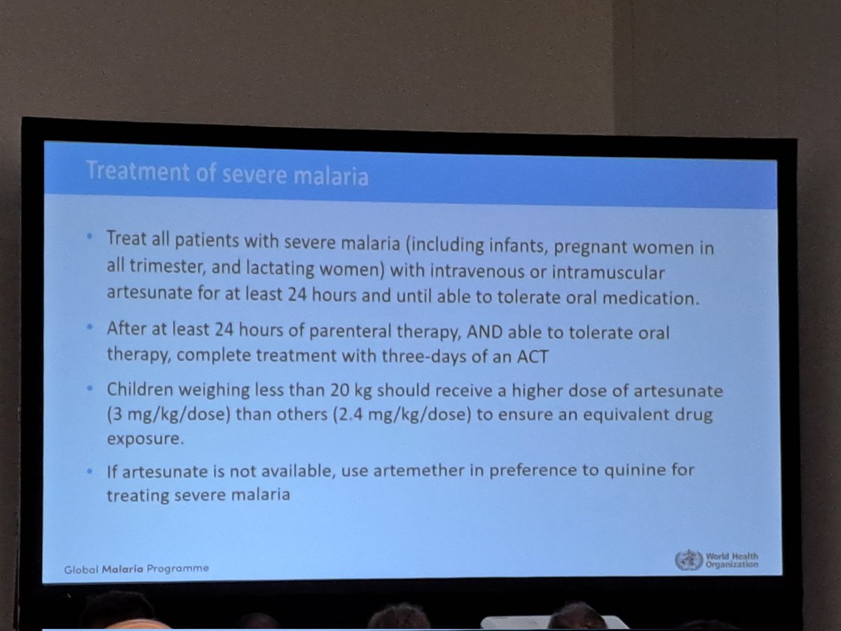 Guidelines for management of severe malaria presented by WHO group updating guidelines. First line therapy remains #artsunate globally. If not available, artemether preferred. Quinine is NOT recommended #TropMed24