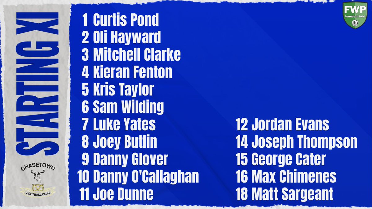 CHASETOWN: Pond Hayward Clarke Fenton Taylor Wilding Yates Butlin Glover O'Callaghan (C) Dunne; SUBS: Evans Thompson Cater Chimenes Sargeant <a href="/PitchingIn_/">Pitching In</a>