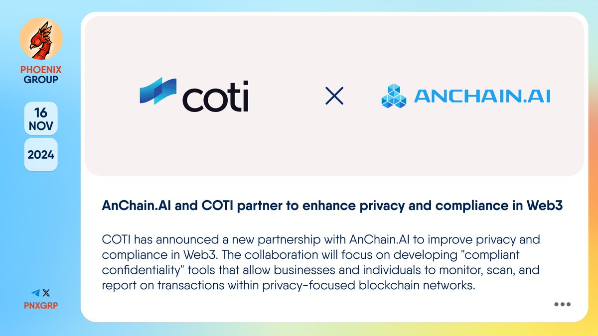 pnxgrp's tweet image. 🔥 @AnChainAI and @COTInetwork partner to enhance privacy and compliance in Web3

#COTI has announced a new partnership with #AnChainAI to improve privacy and compliance in #Web3. The collaboration will focus on developing &quot;compliant confidentiality&quot; tools that allow businesses…