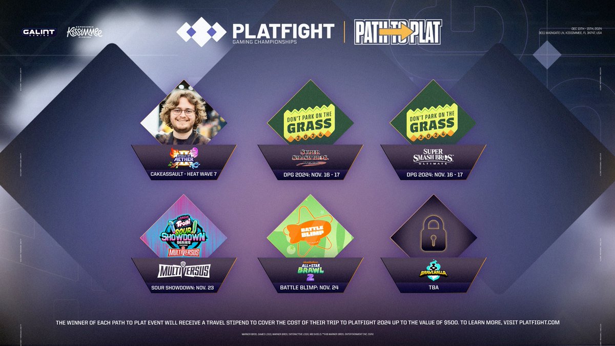 platfight's tweet photo. This weekend, 2 more players will earn trips to the inaugural Platfight Gaming Championships.
The winners of Ultimate and Melee singles at Don't Park on the Grass 2024 will receive invites to #Platfight2024 as part of the #PathToPlat campaign! https://t.co/usDO8R0POr