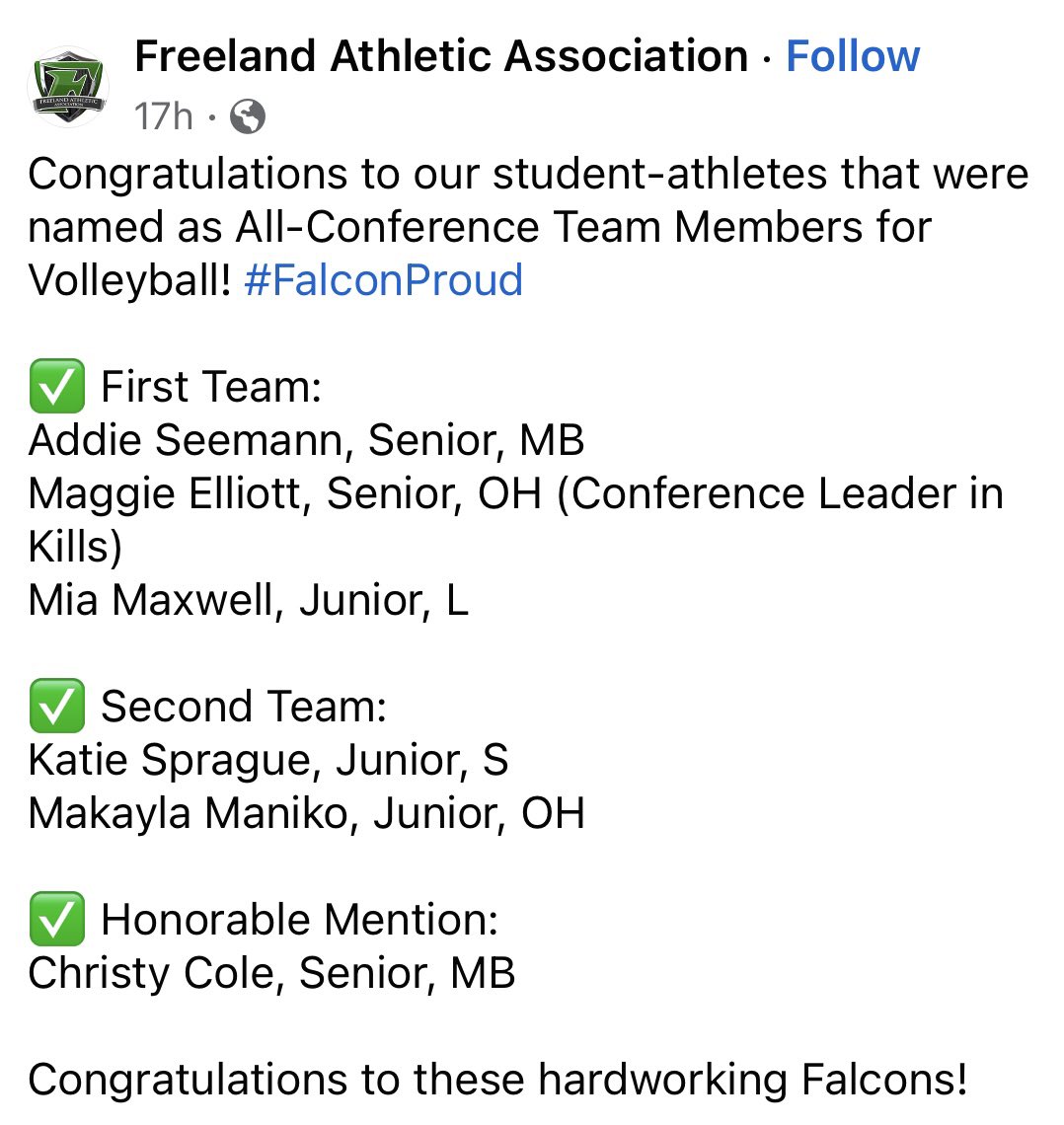 What a great season for these ladies!  Congrats Maggie…Back to Back First Team All Conference and All Region and undefeated Conference Champs! <a href="/five1vbc/">five:1 vbc</a> <a href="/PrepDigMI/">Prep Dig Michigan</a>