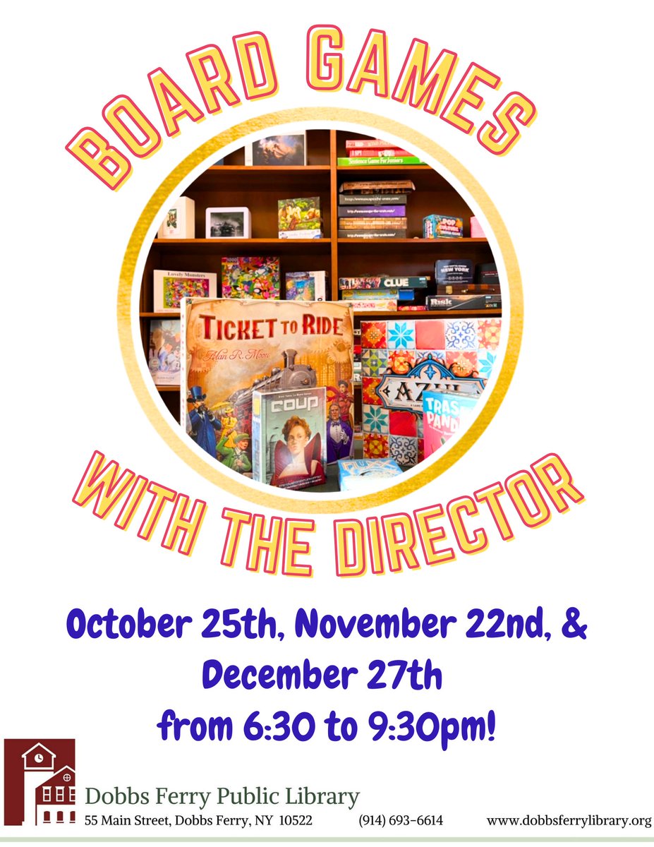 Dobbs Ferry Public Library (@dobbsferrylib) on Twitter photo Come to Game Night at the Library TONIGHT at 6:30-9pm!
Join the Library’s Director, Erik Carlson, for an evening of tabletop games.
Play new games and make new friends.
Everyone is welcome to bring their own games, food and beverages.
#boardgames #gamenight Come to Game Night at the Library TONIGHT at 6:30-9pm!
Join the Library’s Director, Erik Carlson, for an evening of tabletop games.
Play new games and make new friends.
Everyone is welcome to bring their own games, food and beverages.
#boardgames #gamenight