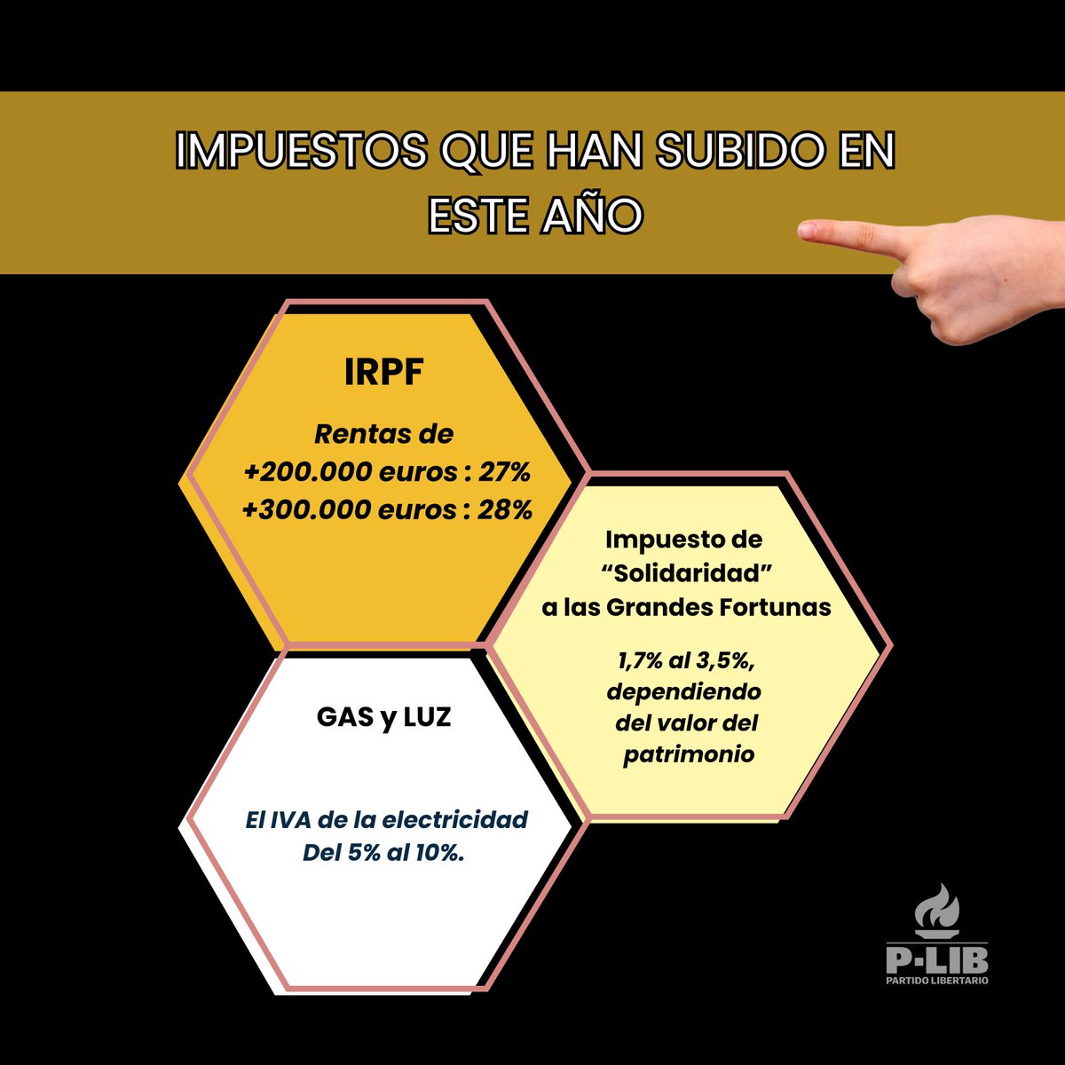📢 ¡Más impuestos=menos libertad!

En 2024, el gobierno vuelve a subir los impuestos, afectando a TODOS los ciudadanos:

🔺 IRPF: Las rentas de capital superiores a 200.000 € subirán al 27% y las de más de 300.000 € al 28%.

🔺 Impuesto de solidaridad a grandes fortunas: