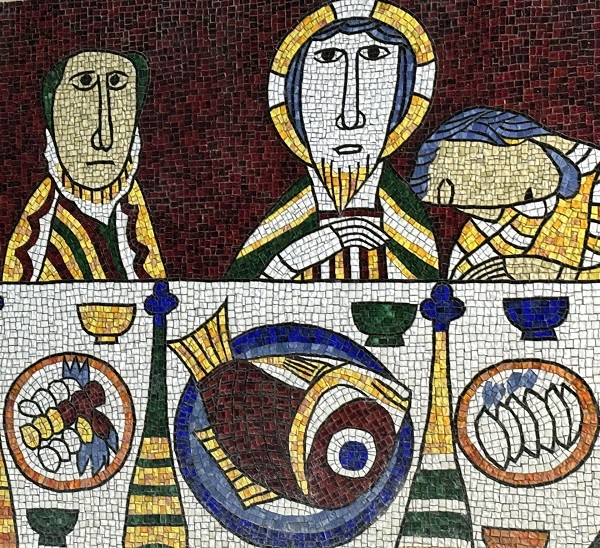 The last supper. Sadao Watanabe mosaic at Kawasaki YMCA.
最後の晩餐。渡辺禎雄作品. 川崎YMCAのモザイク。
<a href="/SadaoHanga/">SadaoHanga</a>  <a href="/yokohama_ymca/">横浜YMCA</a>
#sadaowatanabe #watanabesadao #渡辺禎雄 #民芸 #mingei #芹沢銈介 #型絵染 #合羽摺 #型染版画 #聖書版画 #教会 #stencilprint #mosaic #モザイク