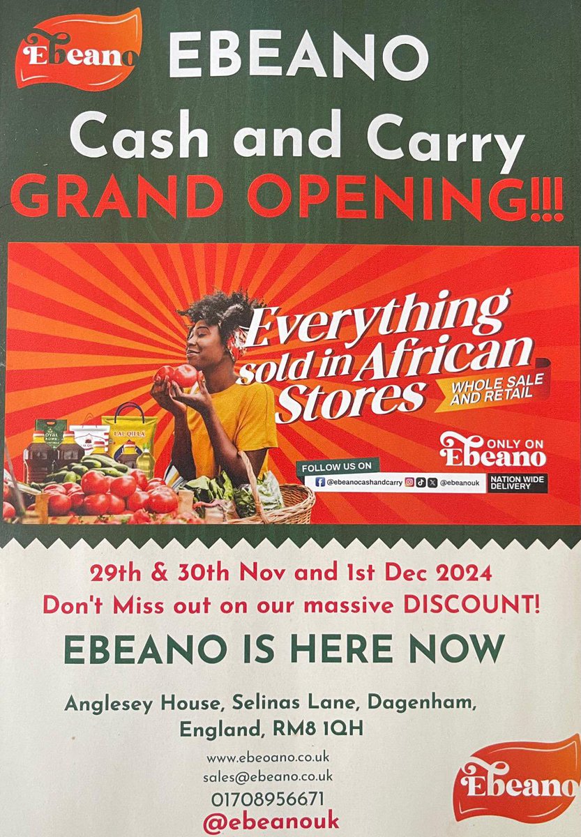 🎉 Grand Opening Invitation! 🎉

Dear Friends, Families, Well-wishers, and Members of the Nigerian and Afro-Caribbean Communities in and around Dagenham and London,

We are thrilled to announce the Grand Opening of Ebeano Cash &amp; Carry Ltd in Dagenham!

📍 Location: Anglesey