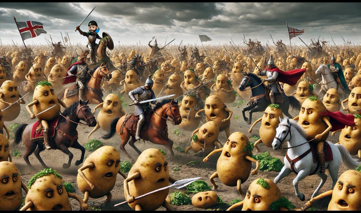 hottakesjr's tweet photo. ahhhh, the great potato war of ’93! A tale of courage for the potato community. The evil potato empire tried to take over but @Hot_Takes10 became the potato leader and was able to defeat the evil potato empire. Which was the birth of a new nation! The Potato Patriots.🥔⚔️ #PotatoWar