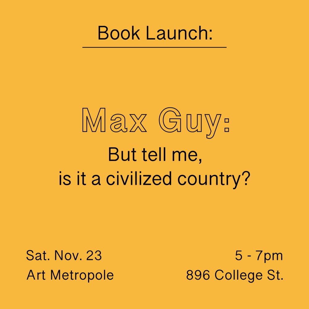 🎉 Join Art Metropole for the Canadian Launch of Max Guy’s “But tell me, is it a civilized country?”, published by The Renaissance Society on the occasion of Guy’s solo exhibition by the same title.⁠

#MaxGuy #ArtMetropole #TheRenaissanceSociety