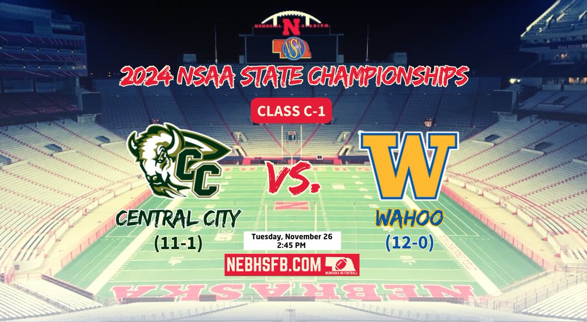 NSAA Football Class C-1 State Championship Game  #nebpreps 🏈 

Central City (11-1) vs. Wahoo (12-0)
📷 - Tuesday, November 26 
⏲️ - 2:45 PM
📺 - Nebraska Public Media

- Central City making its first appearance in title game in program history. Wahoo won the C-1 title in 2019.
