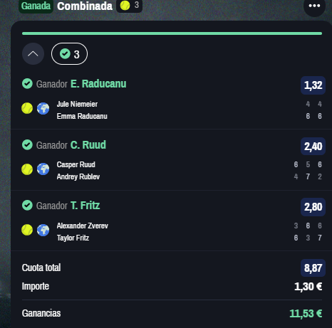 Picks1Pro's tweet image. Niceee. Buena cuota con estos tres tenistas, las cuotas tenía mucho valor y salieron. #ProfitablePicks✅