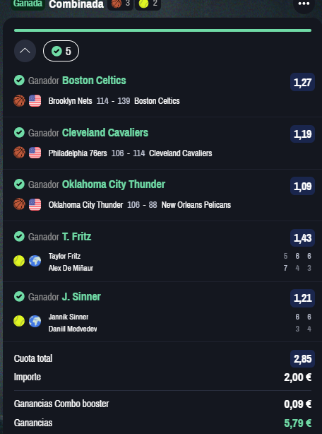 Picks1Pro's tweet image. También nos entra esta combinada de basket y tenis con cuotas pequeñas. Nice! #ProfitablePicks✅