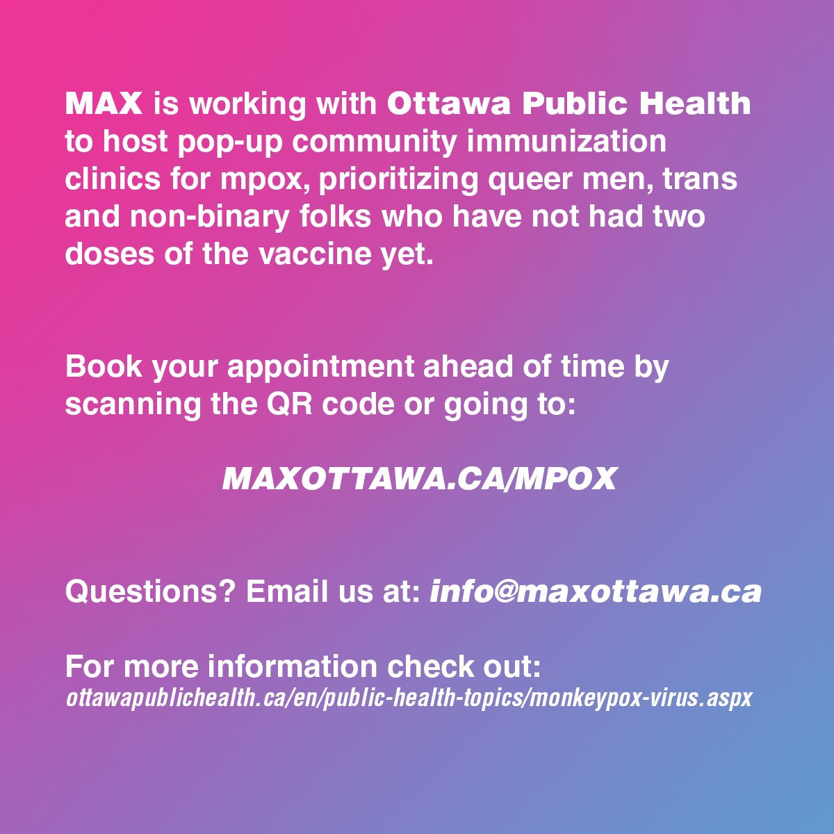 <a href="/max_ottawa/">MAX Ottawa🔻</a> and <a href="/OttawaHealth/">Ottawa Public Health</a> are holding another community pop-up mpox vaccine clinic on Wed. November 20 from 2:30-7pm at the Max office at 400 Cooper St. Suite 9004 

Book your appointment now:
tinyurl.com/arwxeyyb