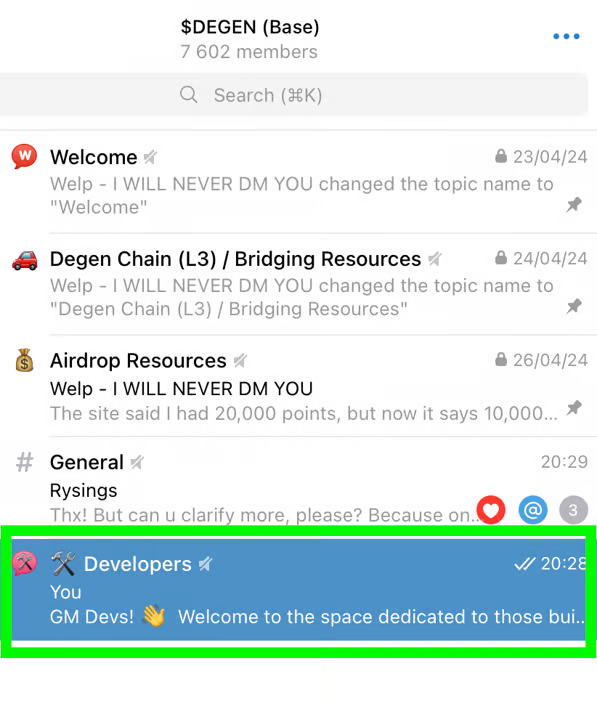 GM Degen devs, we’ve opened a Developers topic on our Telegram group for anyone building with $DEGEN or on the Degen Chain. It’s a space to connect, ask questions, share your work, and see what others are up to. Join us here: t.me/degentokenbase.
