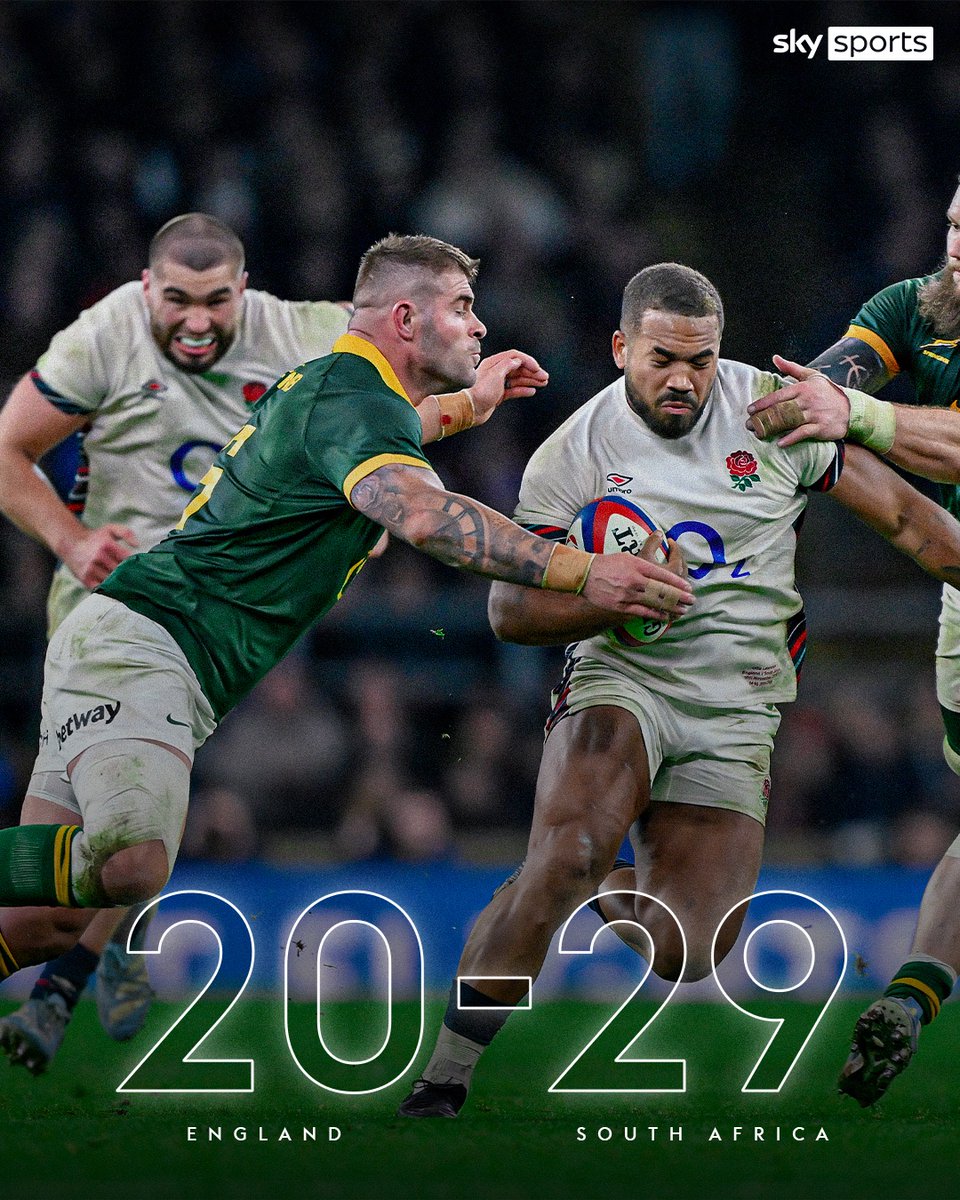 SkySportsRugby's tweet photo. England lose for a third time in a row in the Autumn Nations Series after losing 20-29 to world champions South Africa at Twickenham ❌🏴󠁧󠁢󠁥󠁮󠁧󠁿 https://t.co/qBtUU5Meij