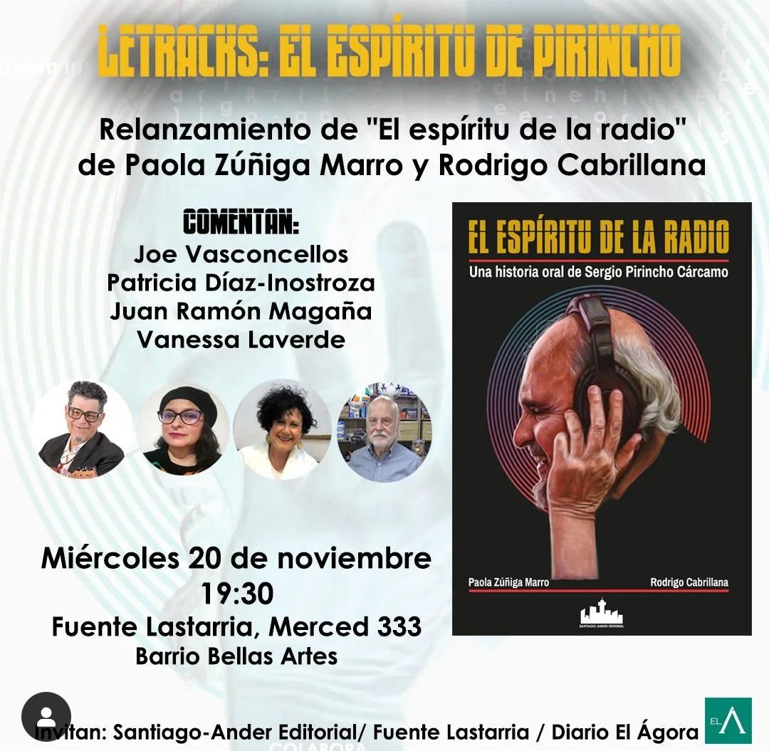 stgoandereditor's tweet photo. Este 20 de noviembre relanzamos el libro sobre el estimado @PirinchoCarcamo de @futurofm y su Espíritu de la radio, escrito por @PaolaMarrock y @rodcabrillanag, junto a grandes: @joevasconcellos #vanessalaverde #patidiaz y #jrmagaña. Gratis! 🥳📚🚀🎧🎤

#fuentelastarria
+info👇👇 https://t.co/HJ0yAigqFF