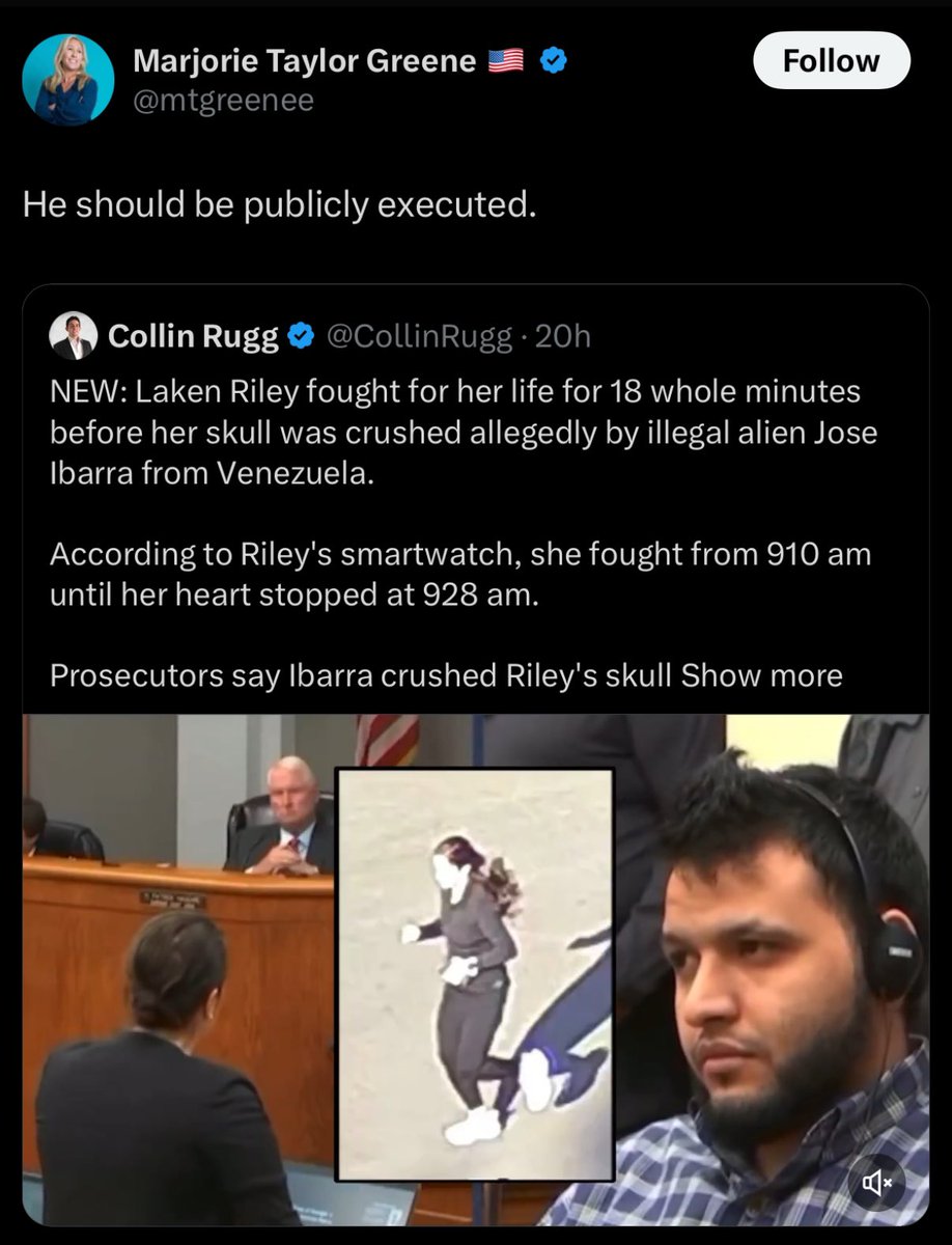 TrumpCrave's tweet photo. 🚨 Marjorie Taylor Greene just dropped a tweet hotter than her last scandal, calling for the public execution of an ILLEGAL involved in the murder of Laken Riley🔥⚖️ Do you agree with MGT? 🌐🔥 #MGT #AmericaFirst #MAGA https://t.co/aFLXlXctvz
