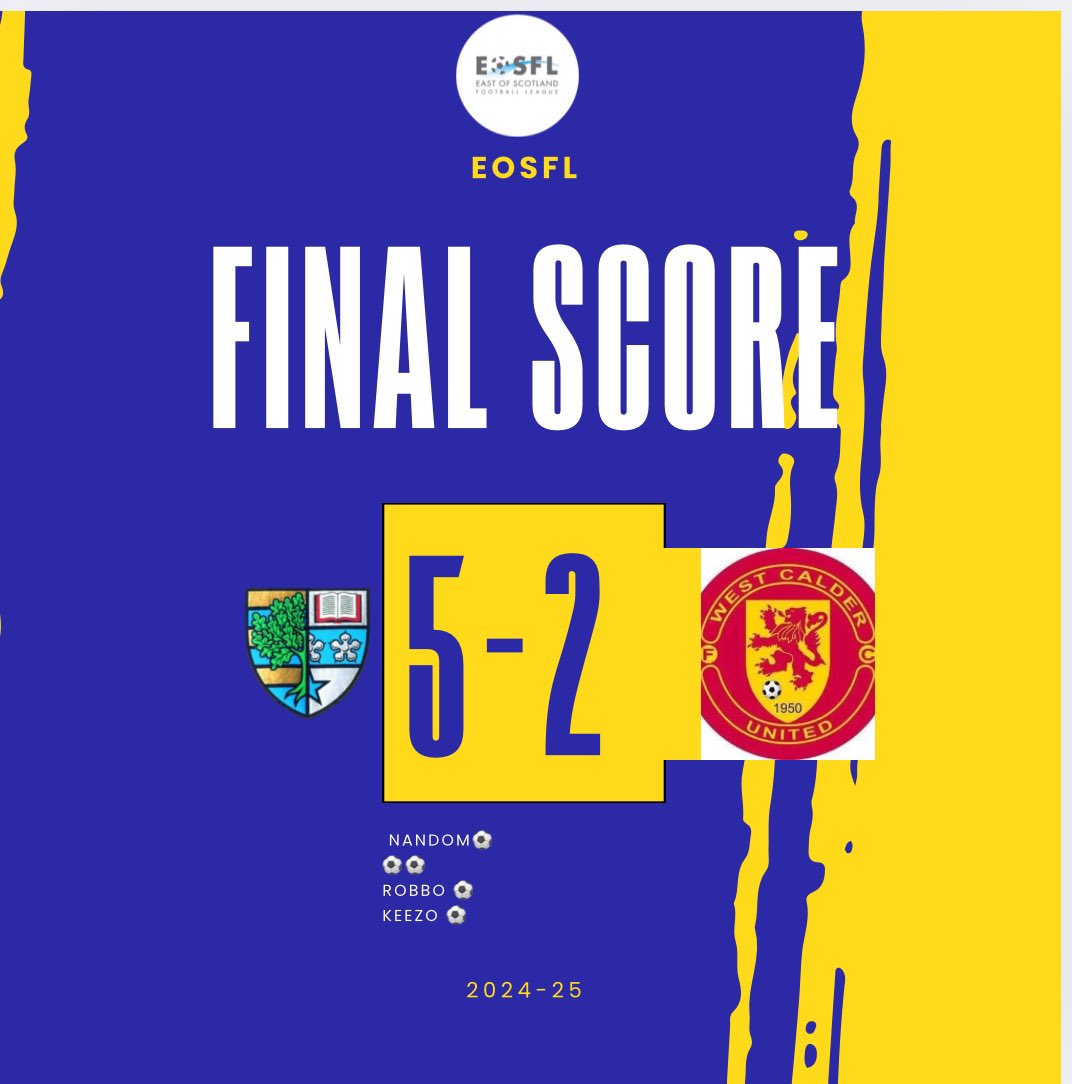 HWUFC (@hwufc) on Twitter photo FULL TIME (AET) : HWUFC 5-2 West Calder.
The cup holders move into the next round of the cup with a hard fought win against a resolute West Calder side. The boys dug deep & showed quality in ET to score three.
Nandom ⚽️⚽️⚽️
Keezo ⚽️
Robbo⚽️
All the best to <a href="/WestCalderUtd/">WestCalderUnitedJFC</a> FULL TIME (AET) : HWUFC 5-2 West Calder.
The cup holders move into the next round of the cup with a hard fought win against a resolute West Calder side. The boys dug deep & showed quality in ET to score three.
Nandom ⚽️⚽️⚽️
Keezo ⚽️
Robbo⚽️
All the best to <a href="/WestCalderUtd/">WestCalderUnitedJFC</a>