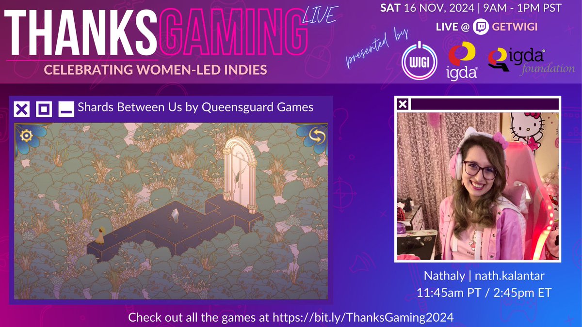 IGDA's tweet photo. The LAST game of today is going to be Shards Between Us by Queensguard Games. Nathaly's returned to help us finish out the game part of our stream today! 

Join us live: https://t.co/5BZiUMBsU1

Check out the game: https://t.co/AxYUxFBb5w 

#indiedev #gamedev #womeningames https://t.co/TUWRr9pZJh