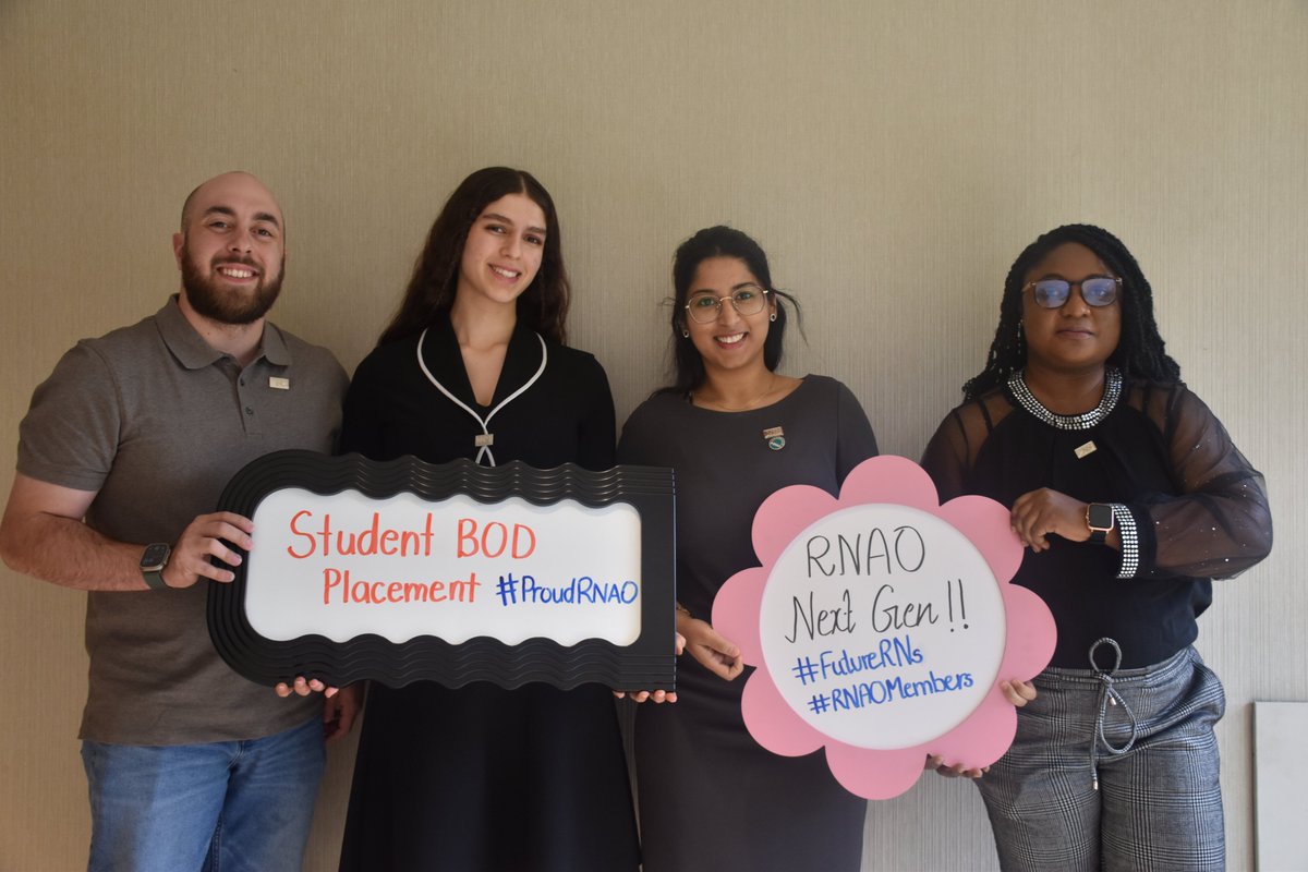 #RNAOProud is the name of our pin campaign. We encourage all members to wear their pins. It demonstrates pride in your profession &amp; the power of our collective. From left, meet nursing students Jonathan Hauth, Aveen Abdoli Eramaki, Navjot Osheen Dhillon &amp; Hilda Danquah Konadu.