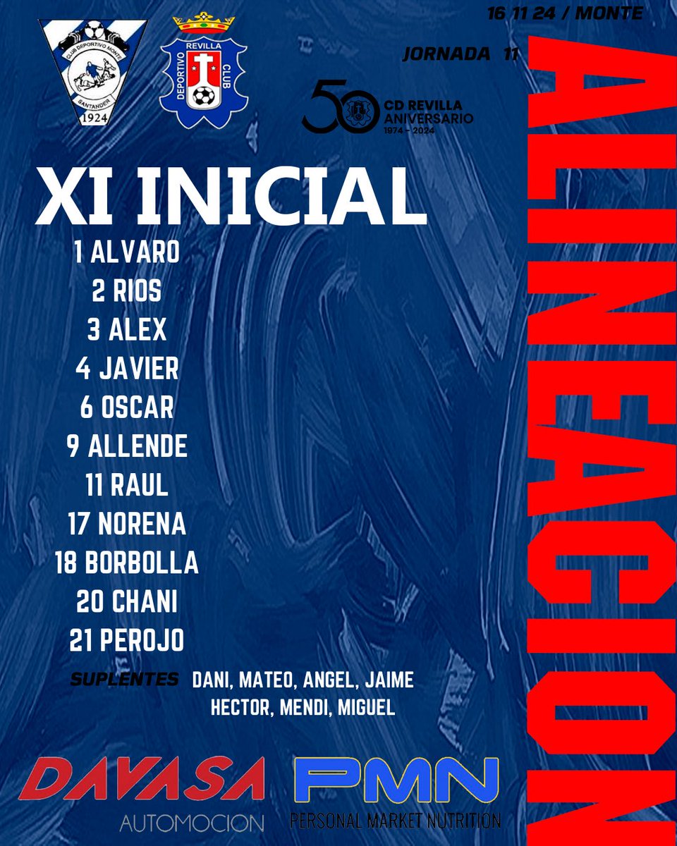 ❤️💙 Este es nuestro 1️⃣1️⃣ 🆚 @cdmontesantander 

🧱 Álvaro 
🚧 Noreña, Rios, Javi, Alex 
⚙️ Borbolla, Perojo, Oscar 
🎯 Mendi, Allende, Raúl

#VamosRevilla❤️💙