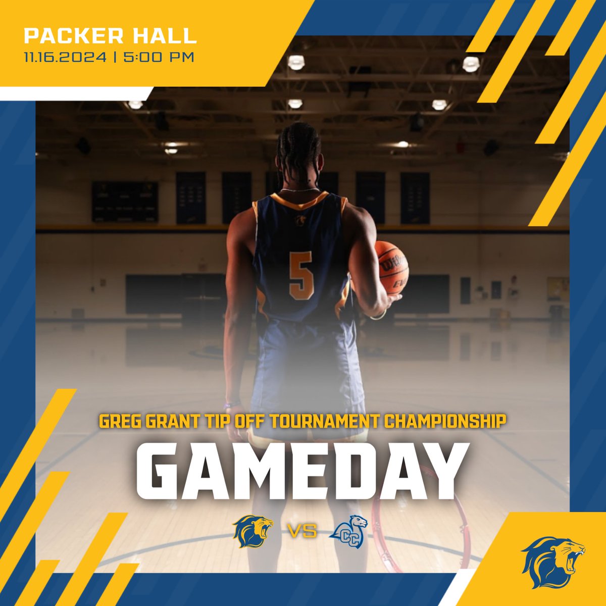 TCNJMBB's tweet photo. GAMEDAY‼️ We face off at 5pm inside Packer Hall against Connecticut College for the championship of the Greg Grant Tip Off Tournament! See you there! 💙🦁💛 #tcnjmbb #golions #packpacker #d3hoops https://t.co/4OOxXXGmQZ