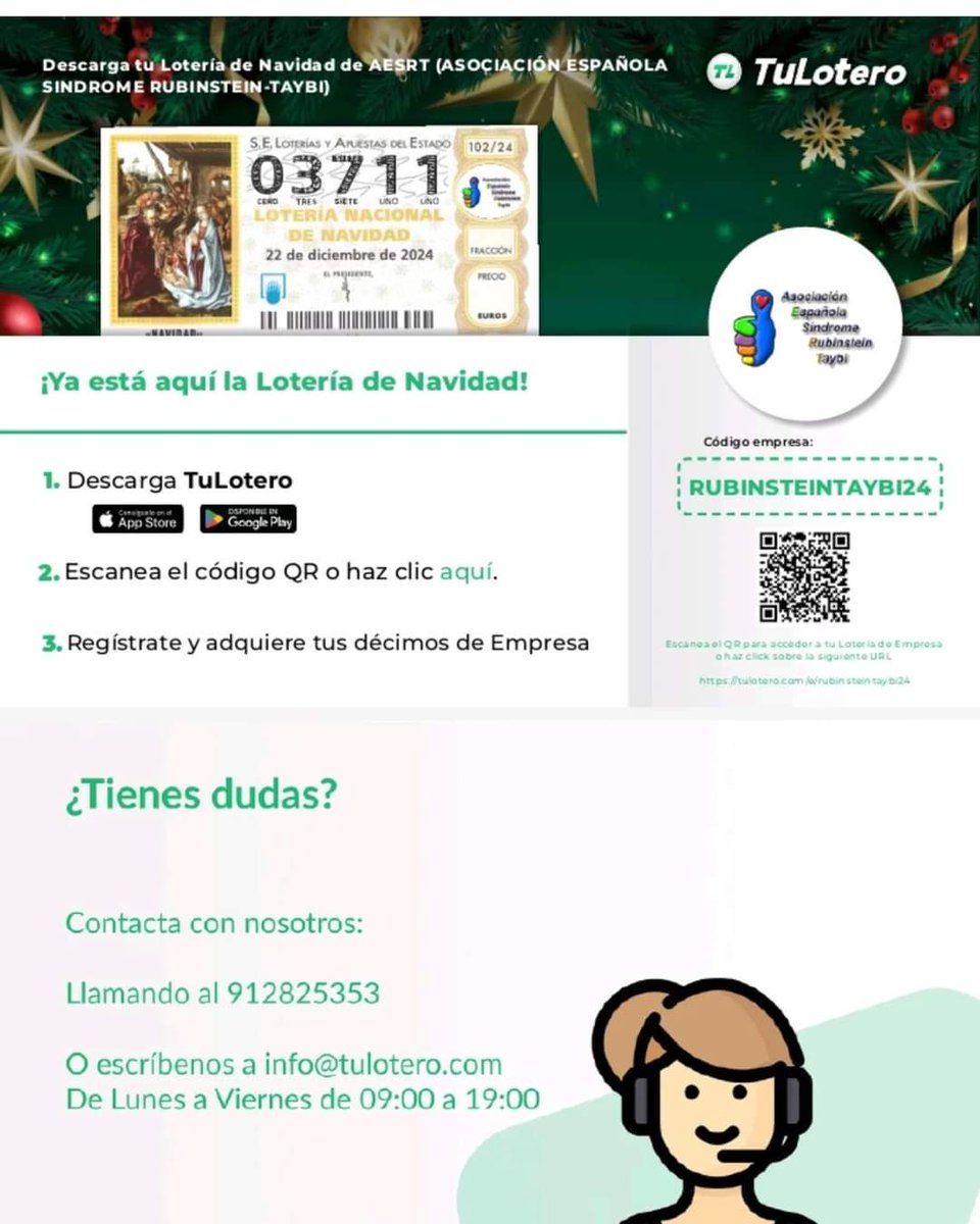 Como años anteriores tenemos a vuestra disposición la lotería de Navidad de la AESRT. Podéis adquirirla a través de la aplicación Tu Lotero tulotero.es/e/rubinsteinta…
Mucha suerte 🍀 

#loterianavidad
#colaboracion
#rubinsteintaybi