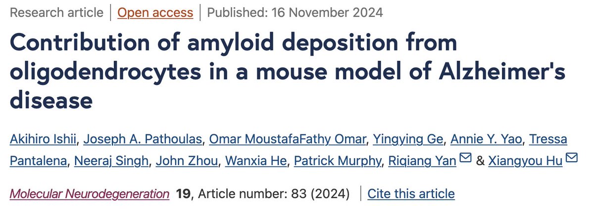 Molecular Neurodegeneration (@molneuro) on Twitter photo 'Contribution of #amyloid deposition from #oligodendrocytes in a mouse model of #AlzheimersDisease'
Akihiro Ishii, Joseph A. Pathoulas, Omar MoustafaFathy Omar...Riqiang Yan & Xiangyou Hu <a href="/uconnhealth/">UConn Health</a> #BACE1 #ApoE
bit.ly/4fLUOtQ 'Contribution of #amyloid deposition from #oligodendrocytes in a mouse model of #AlzheimersDisease'
Akihiro Ishii, Joseph A. Pathoulas, Omar MoustafaFathy Omar...Riqiang Yan & Xiangyou Hu <a href="/uconnhealth/">UConn Health</a> #BACE1 #ApoE
bit.ly/4fLUOtQ