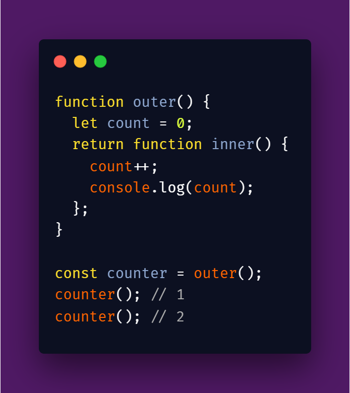 thecoding_co's tweet image. "what are closures in javascript?" 🤔
closures happen when a function "remembers" variables from its outer scope even after the outer function has finished running.
closures = powerful + essential!!💡
#thecodingco #javascript #jsconcepts #tipsandtricks