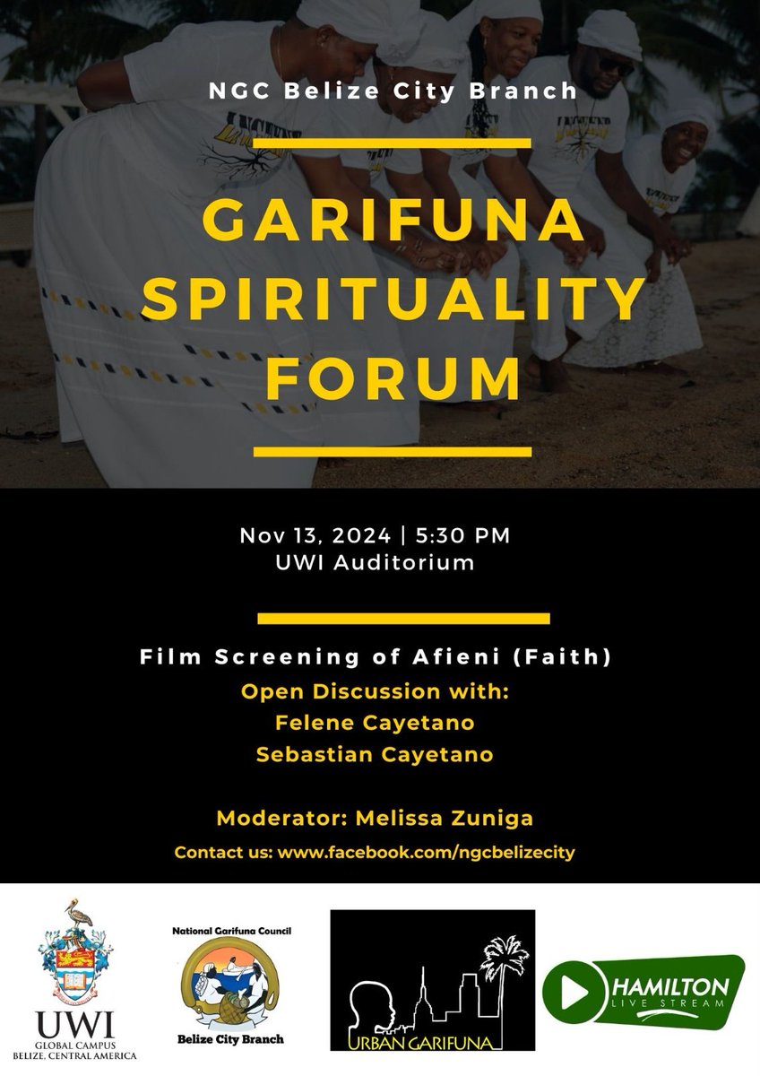 The Garifuna Spirituality Forum was streamed facebook.com/10006484281677… after a screening of AFIENI. Melissa Zuniga, from NGC Belize City, moderated the panel. Felene M. Cayetano spoke about her spiritual journey. Sebastian Cayetano spoke about Garifuna Spirituality and Catholicism.