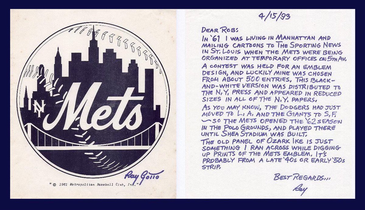 NYMhistory's tweet photo. 11/16/1961 The Mets unveil their logo. The design, submitted by cartoonist Ray Gotto, depicts New York’s skyline. The logo is blue and orange in honor of the recently departed Dodgers and Giants. https://t.co/7wdMh423zD