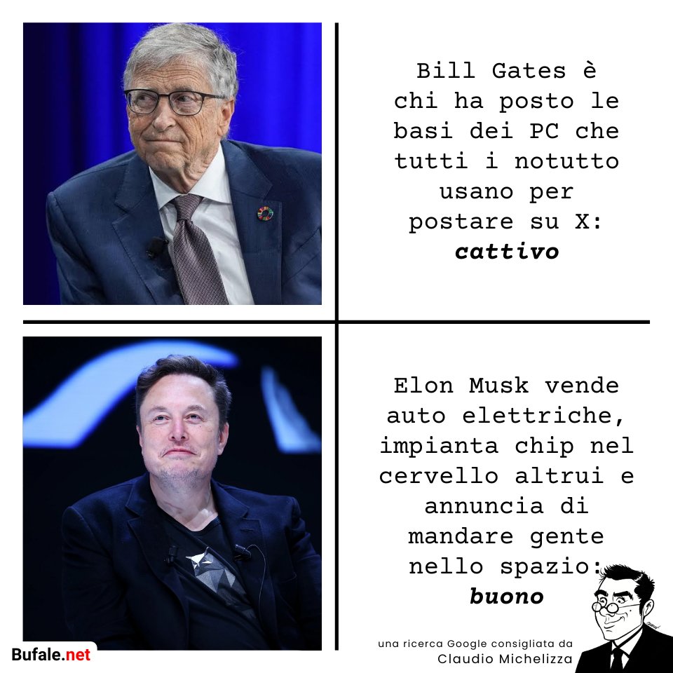 filogicoX's tweet photo. Logica del #complottista #notutto #nospazio #novax #noclima #nochip be like...
#BillGates #ElonMusk https://t.co/m9u8rm70Vb