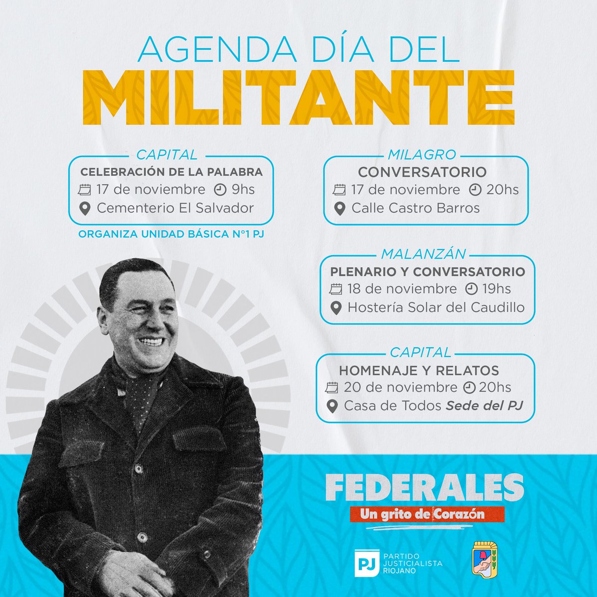 PJdelarioja's tweet photo. En el marco del Dia del Militante peronista a celebrarse este 17 de noviembre, se realizarán diversas actividades en toda la provincia, para recordar el retorno de nuestro líder Juan Domingo Perón en 1972, luego del exilio en España. https://t.co/9HKPE99LAk
