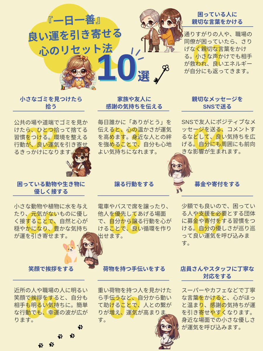 haru19771's tweet photo. 運気を劇的に変えたいなら
今すぐ始めるべきは「一○○○」
　　　　　　　　　　　　　　　　　　　　　　　　　　　　　　　　　　　　　　　　　　　　　　　　　　　　　　　　　　　　　　　　　　　　　　　　　　　　　　　　　　　　　　　　　　　　　　　　　　　　　　　
優しい行動は…　　　　　　　　　　　　　　　　　　　　　　　　　　　　　　　　　　　　　　　　　　　　　　　　　　　　　　　　　　　　　　　　　　　　　　　　　　　　　　　　　　　　　　　　　　　　　　　　　　　　　　　　　　　　　　　　　　　　　　　　　　　　　　　　　　　　　　　　　　　　　　　　　　　　　　　　　　　　　　　　　　　　　　　　　　　　　　　　　　　　　　　　　　　　　　　　　　　　　　　　　　　　　　　　　　　　　　　　　　　　　　　　　　　　　　　　　　　　　　　　　　　　　　　　　　　　　　　　　　　　　　　　　　　　　　　　　　　　　　　　　　　　　　　　　　　　　　　　　　　　　　　　　　　　　　　　　　　　　　　　　　　　　　　　　　　　　　　　　　　　　　　　　　　　　　　
強力なポジティブなエネルギーとなって
巡り巡り、必ず自分に返ってきます。
　　　　　　　　　　　　　　　　　　　　　　　　　　　　　　　　　　　　　　　　　　　　　　　
今日はそんな…
　　　　　　　　　　　
【絶対実践したい一日一善のコツ】
10選をご紹介！

1. 「困っている人に親切な言葉をかける」
通りすがりの人や、職場の同僚が困っていたら
さりげなく親切な言葉をかける。
小さな声かけでも相手が救われ
良いエネルギーが自分にも返ってきます。

2. 「小さなゴミを見つけたら拾う」
公共の場や道端でゴミを見かけたら
ひとつ拾って捨てる習慣をつける。
環境を整える行動が
良い運気を引き寄せるきっかけになります。

3. 「家族や友人に感謝の気持ちを伝える」
毎日誰かに「ありがとう」を伝えると
心の温かさが運気を高めます。
身近な人との絆を強めることで
自分も心地よい気持ちになれます。

4. 「親切なメッセージをSNSで送る」
SNSで友人に
ポジティブなメッセージを送る。
良い気持ちを広げると
自分にも周囲にも前向きな影響が生まれます。

5. 「困っている動物や生き物に優しく接する」
小さな動物や植物に水を与えたり
元気がないものに優しく接することで
自然と心が穏やかになり
豊かな気持ちが運を引き寄せます。

6. 「譲る行動をする」
電車やバスで席を譲ったり
他人を優先してあげる場面で
自分から譲る行動を心がけることで
良い循環を作り出せます。

7. 「募金や寄付をする」
少額でも良いので
困っている人や支援を必要とする団体に
募金や寄付をする習慣をつける。
自分の優しさが巡り巡って
良い運気を呼び込みます。

8. 「笑顔で挨拶をする」
近所の人や職場の人に
明るい笑顔で挨拶をすると
自分も相手も明るい気持ちに。
簡単な行動でも、幸運の波が広がります。

9. 「荷物を持つ手伝いをする」
重い荷物を持つ人を見かけたら手伝うなど
自分から動いて助けることで
人との繋がりが増え、運気が高まります。

10. 「店員さんやスタッフに丁寧な対応をする」
スーパーやカフェなどで丁寧な言葉をかけると
心がほっと温まり、感謝の気持ちが
運を引き寄せやすくなります。
身近な場面での小さな優しさが運気を呼び込みます。

これらの「一日一善」を意識することで
日常生活に小さな善意を積み重ね
運気を高める心のリセット法として活用できます。

重要なのは、善行を「義務」ではなく
「自分のため」に行うことです。
真心から生まれる行動が
最も大きなストレス軽減効果をもたらします。

一日一善は、単なる行動ではなく
生き方の姿勢そのものです。

継続することで、自然とストレスが減少し
心の余裕が生まれていくのです。

運気を味方につける習慣を
手に入れましょう！
やらない理由はないですよ！

あなたが実践している善い行動や
やってみたいことを教えてください！

「今日の一日一善」を宣言することで
さらに良いエネルギーが巡るかも！