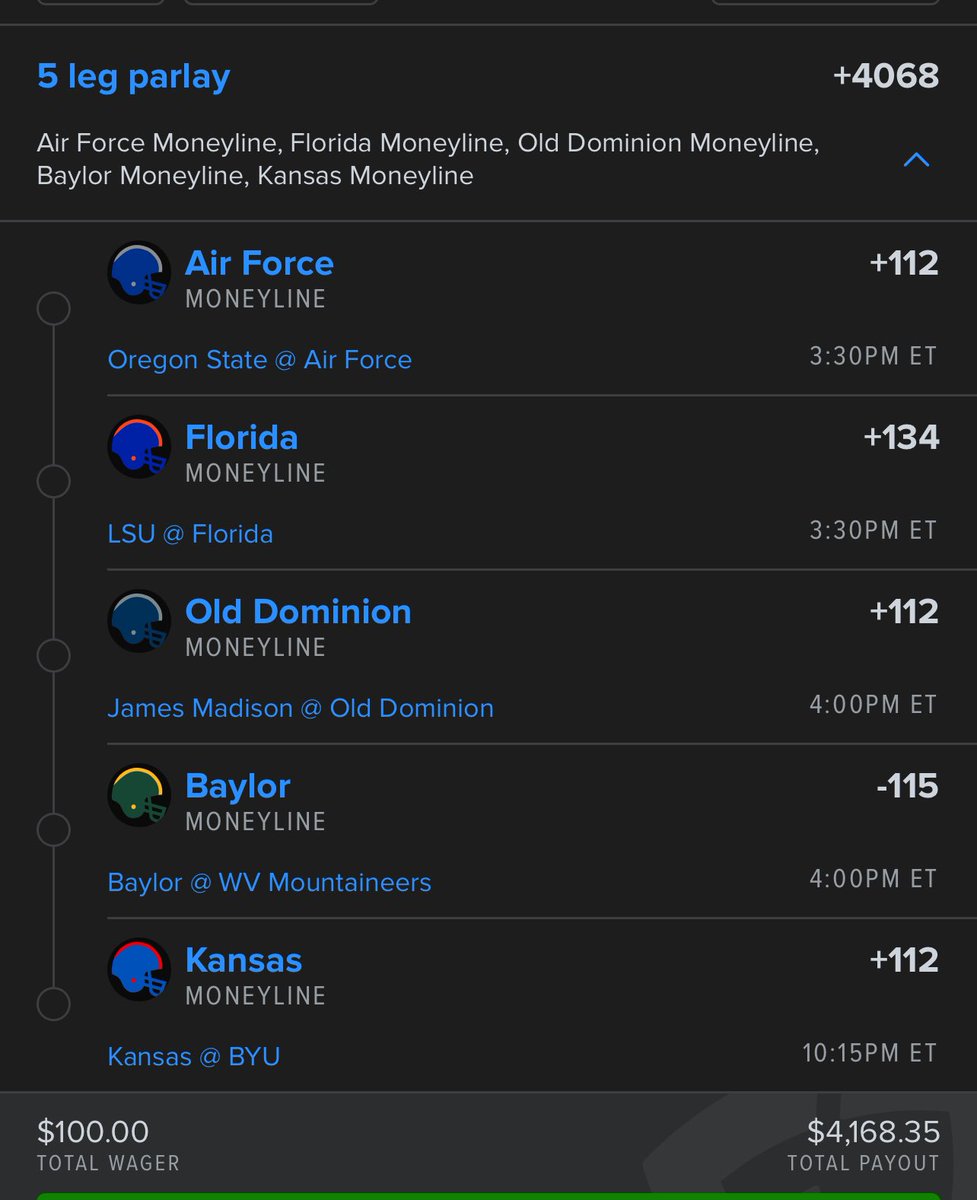 CFB Round Robin 🏈

I played all combinations. About $350 risk total to win over $6,000

$500 giveaway if we cash to someone who RT/likes this post. Must be following to win! 

Drop your cash app/venmo below ⬇️

Let’s have a Saturday! 🥂