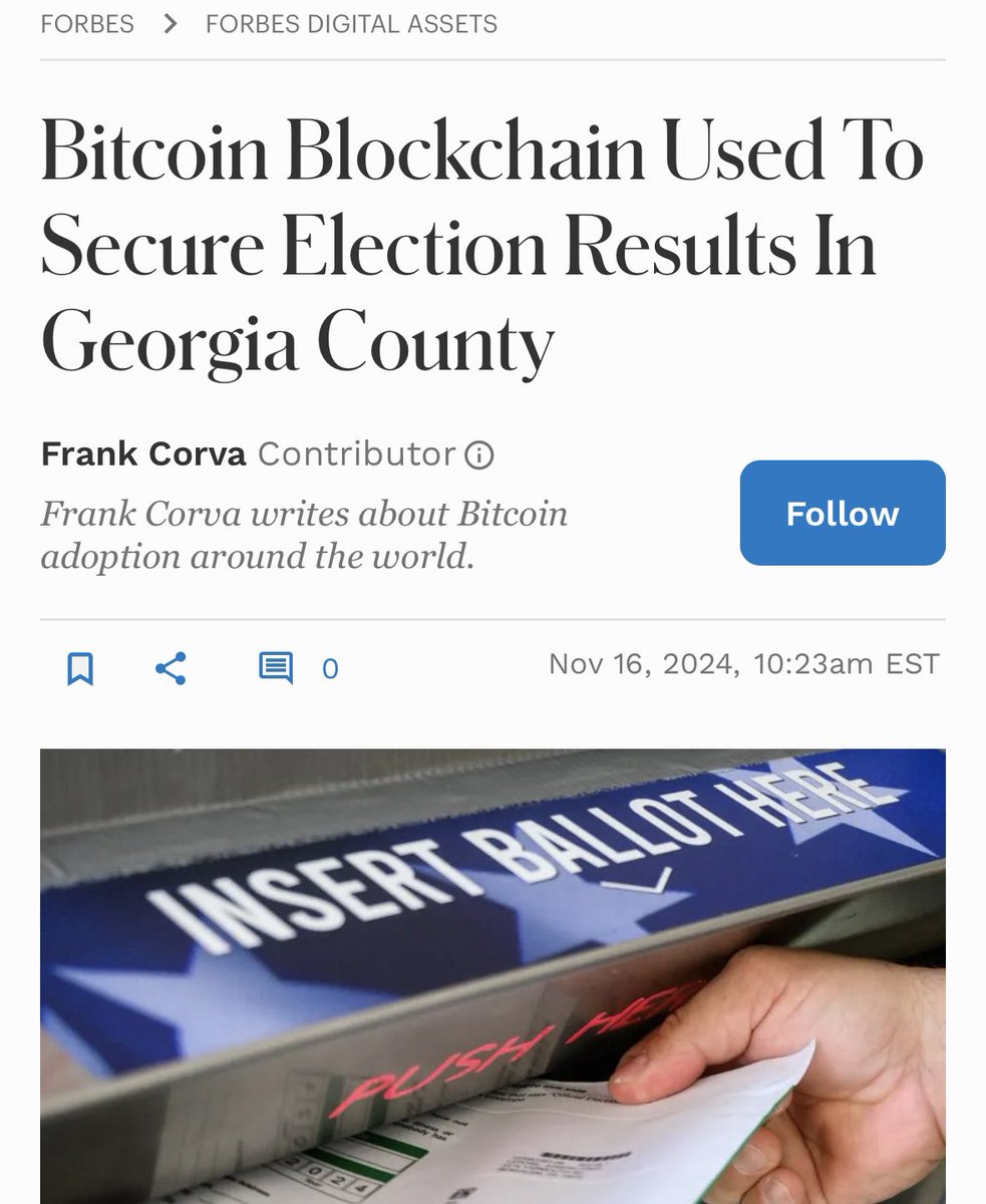 Frank Corva (@frankcorva) on Twitter photo History was made on November 5, 2024 - in #Bitcoin block 869,047 - when U.S. election results were safeguarded using the #Bitcoin blockchain for the first time ever.
More in my latest for <a href="/ForbesCrypto/">Forbes Crypto</a>. History was made on November 5, 2024 - in #Bitcoin block 869,047 - when U.S. election results were safeguarded using the #Bitcoin blockchain for the first time ever.
More in my latest for <a href="/ForbesCrypto/">Forbes Crypto</a>.