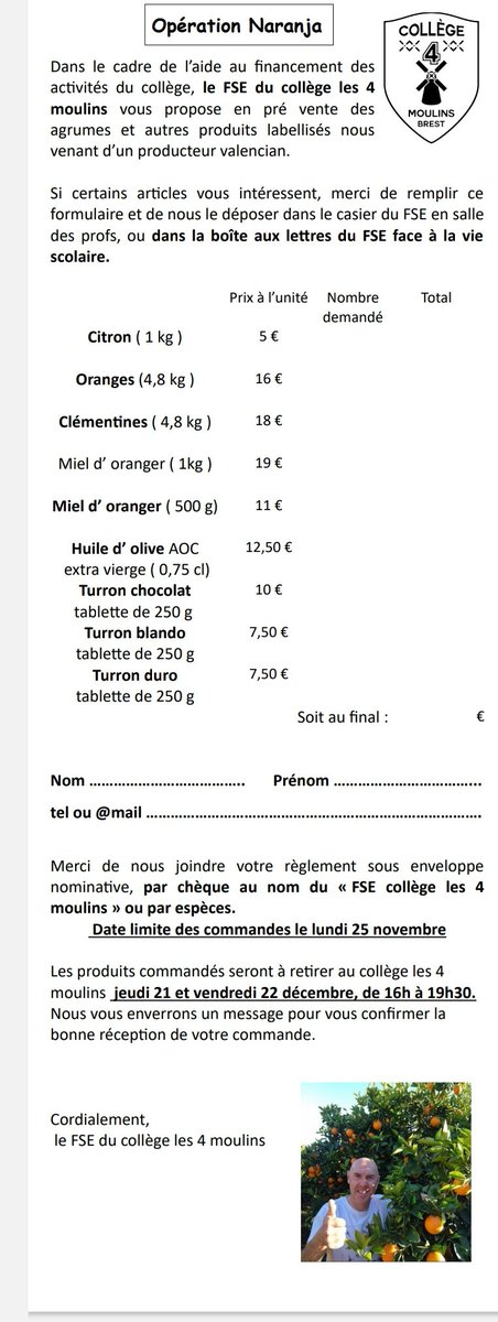 SIE_Brest's tweet photo. Participez à l'Operación Naranja 🍊 au #CollègeLesQuatreMoulins

Achetez des produits de qualité d'Espagne et aidez à financer le voyage de nos élèves à Madrid 🤩 https://t.co/PIKViiOCG8